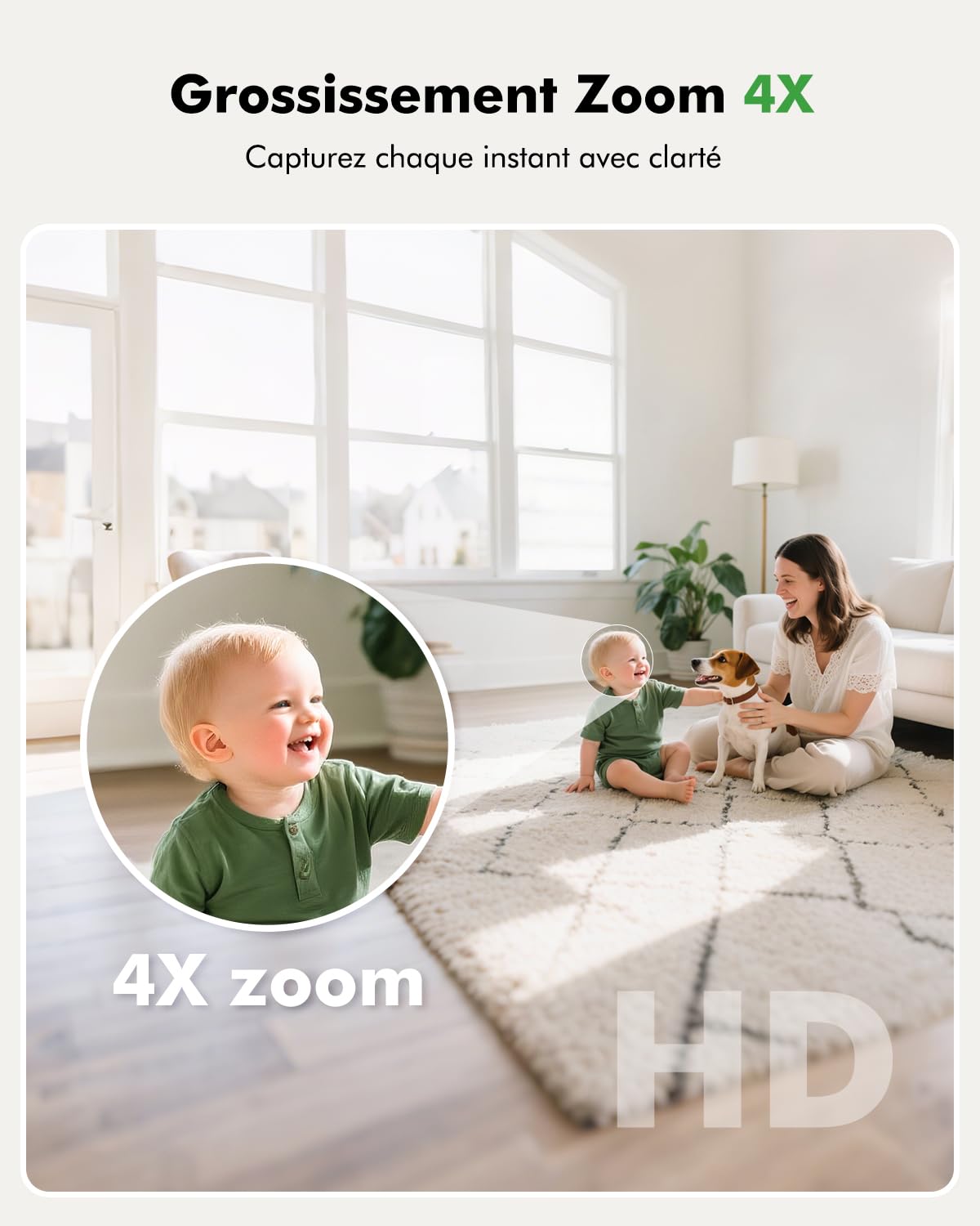 Babyphone Caméra 1080P PTZ 360°, Vision Nocturne Infrarouge, Zoom 4X, Détection de Mouvement et Suivi Automatique