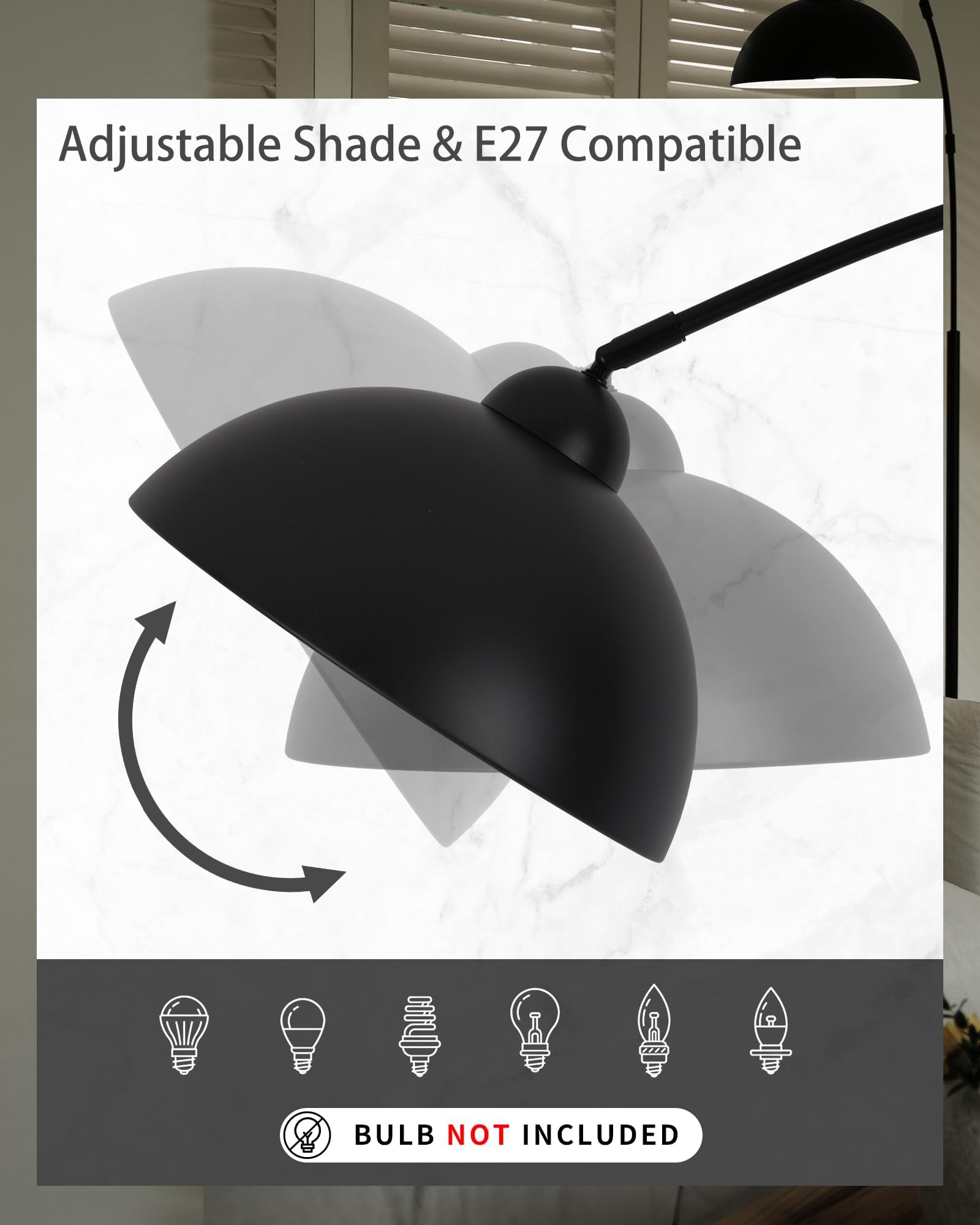 Lámpara de Pie Arco 204 cm Negra para Salón, Lámpara de Pie Moderna con Base Metálica 30 cm 5 kg Estable, Pantalla de Aluminio Ajustable, Montaje Rápido en 5 Minutos, Casquillo E27 (Sin Bombilla)