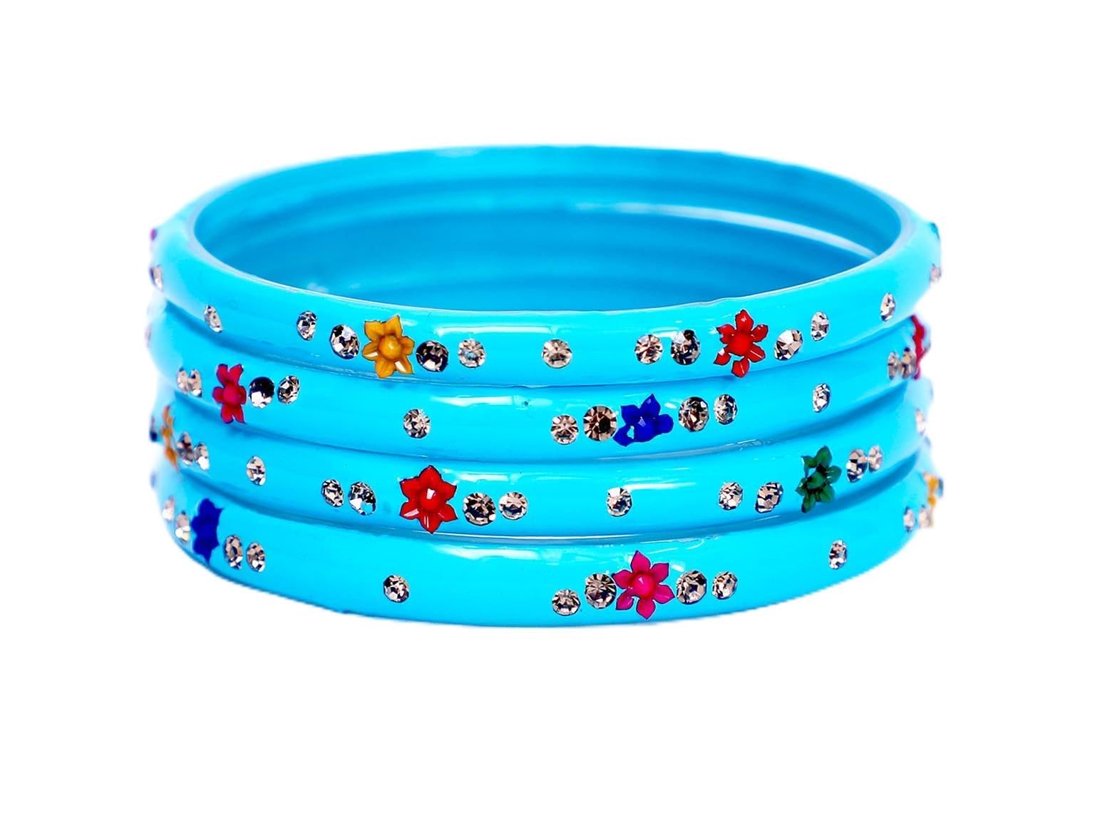 JD'Z COLLECTION Indian Bangles Jewelry For Women Glass Bangles Flower Design Costume Matching Partywear Bangles Set 4pc Beautiful Bollywood Bangles
