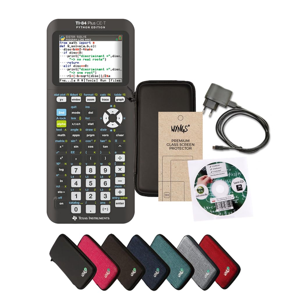 TI-84 Plus CE-T Python Edition + Garanzia avanzata + cavo di ricarica + CD tedesco + pellicola WYNGS + custodia nera WYNGS