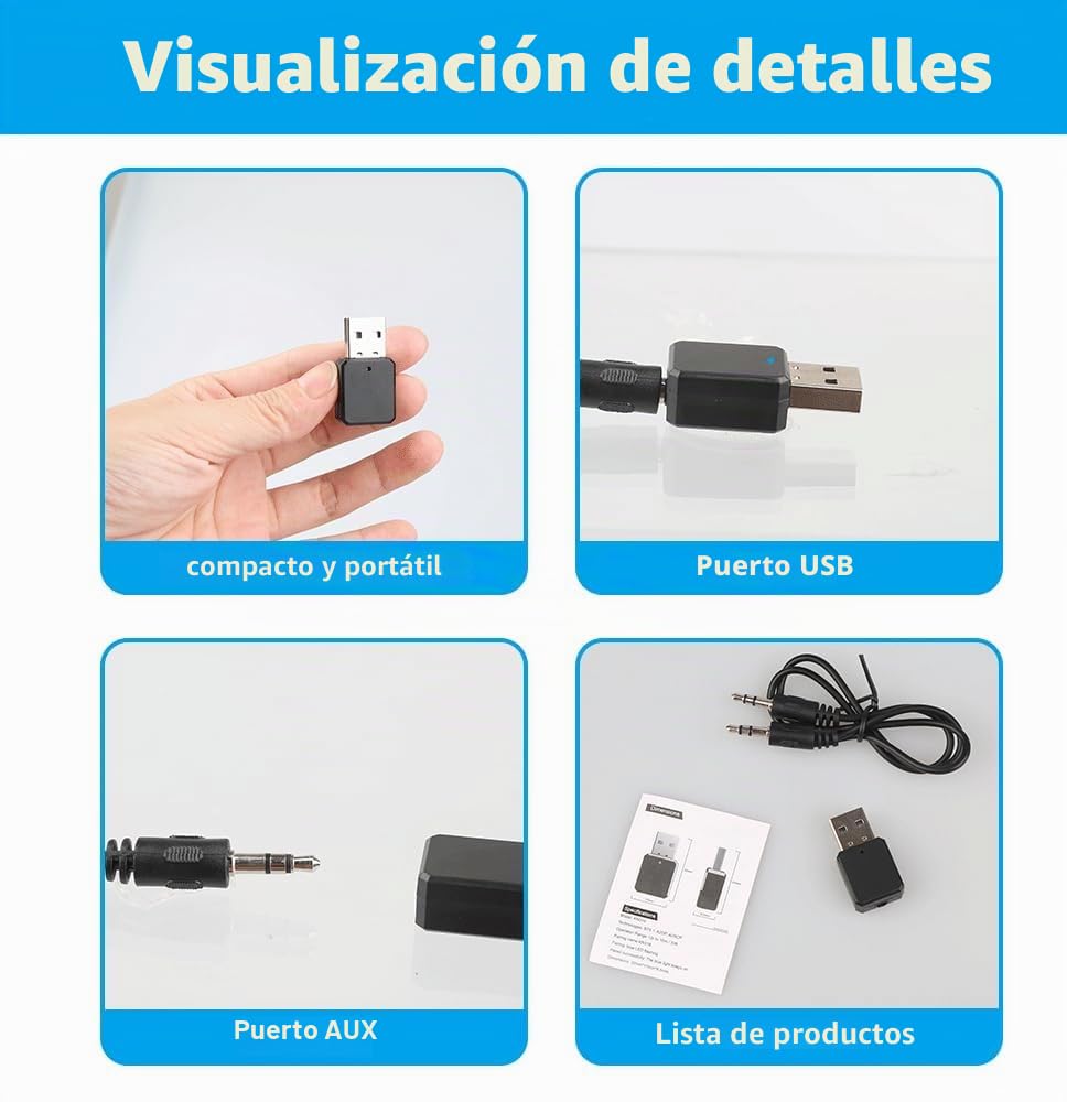 Adaptador USB Bluetooth 5.1 para Coche con Salida AUX y USB, Receptor Bluetooth Plug and Play con Cable de Audio de 3,5 mm para Altavoces y Llamadas Manos Libres