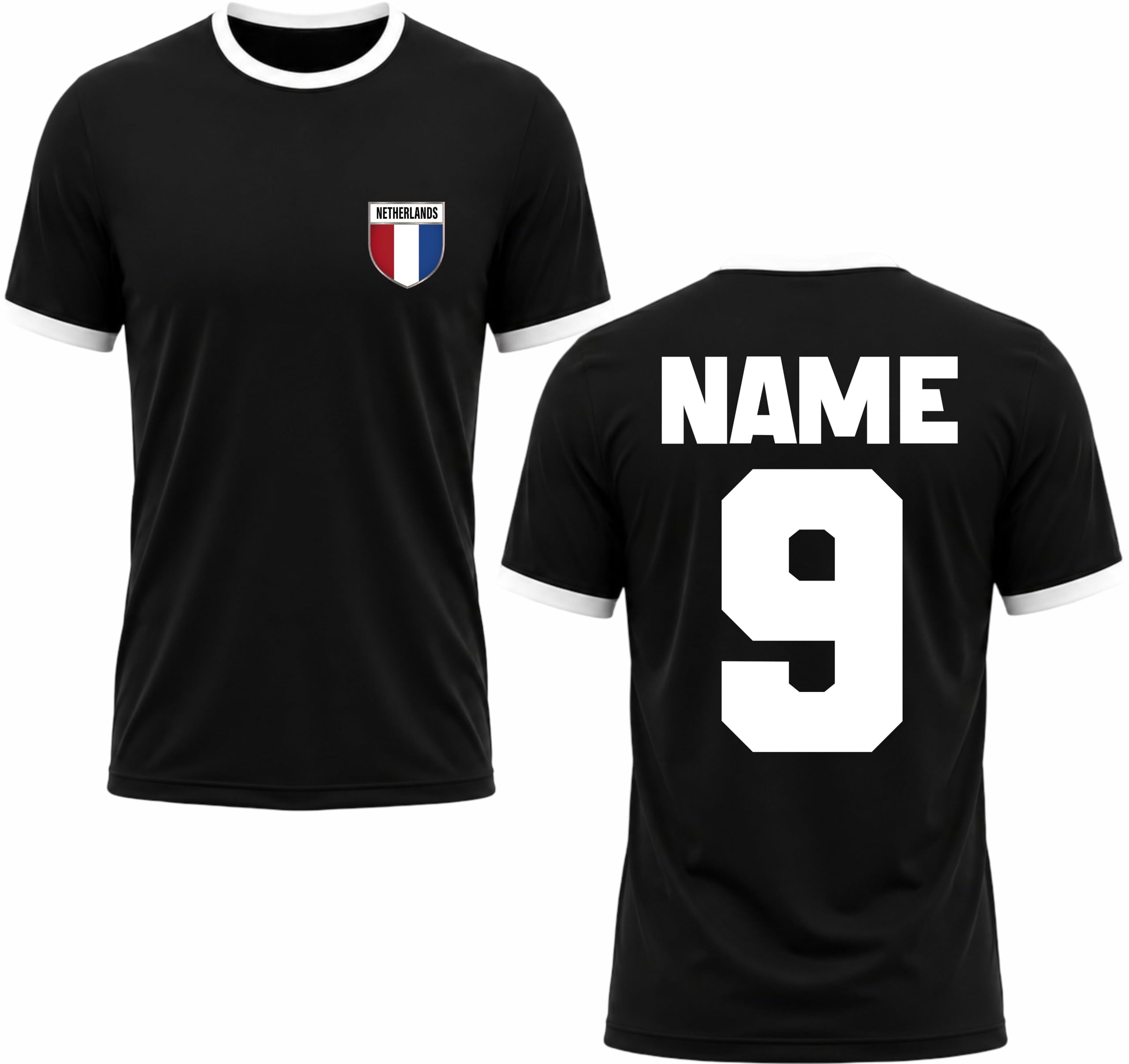 Personalised Dutch Football Ringer T-Shirt Custom Name Number Jersey Netherlands Jersey Gift Top Black/White