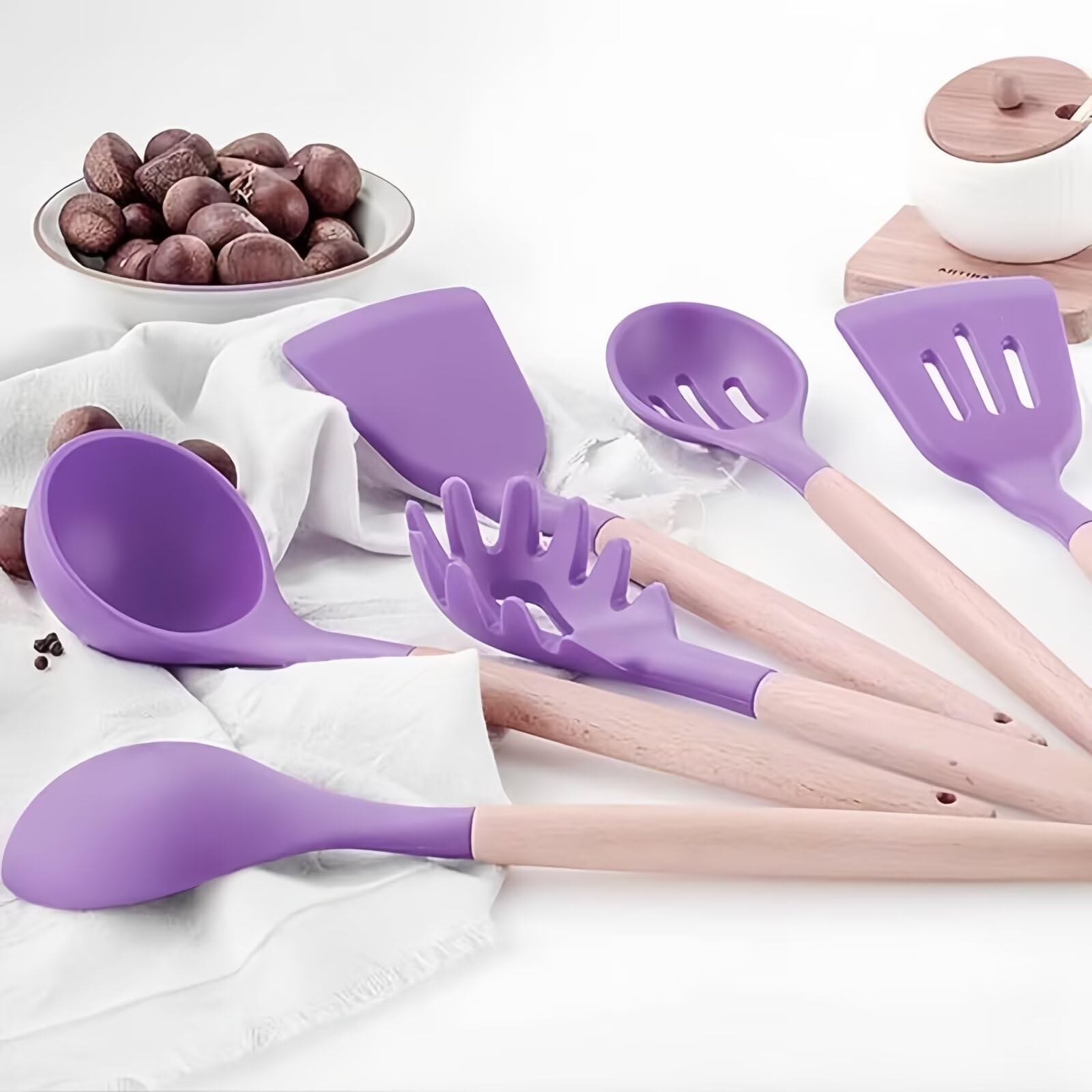 12 Pcs Silicone Utensils Set, Heat Resistant To 446°F, Non-Stick Kitchen Tools With Wooden Handles Stand, Silicone Cookware Set Eco-Friendly Bpa-Free (Purple)