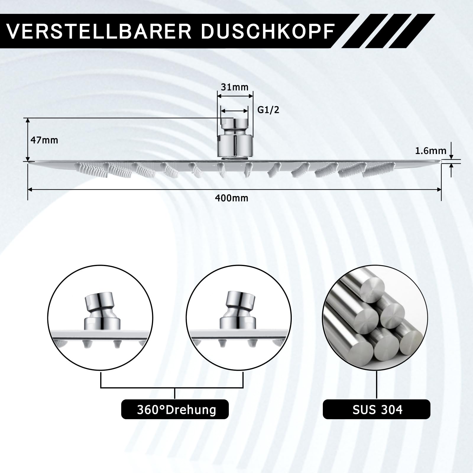 Duschkopf Regendusche 40x40cm/16 Zoll Quadrat, 304 Edelstahl Regendusche Duschkopf Wassersparender mit 324 Silikondüsen mit Antikalk-Funktion, Regenduschkopf 360° Drehbar, Chrom