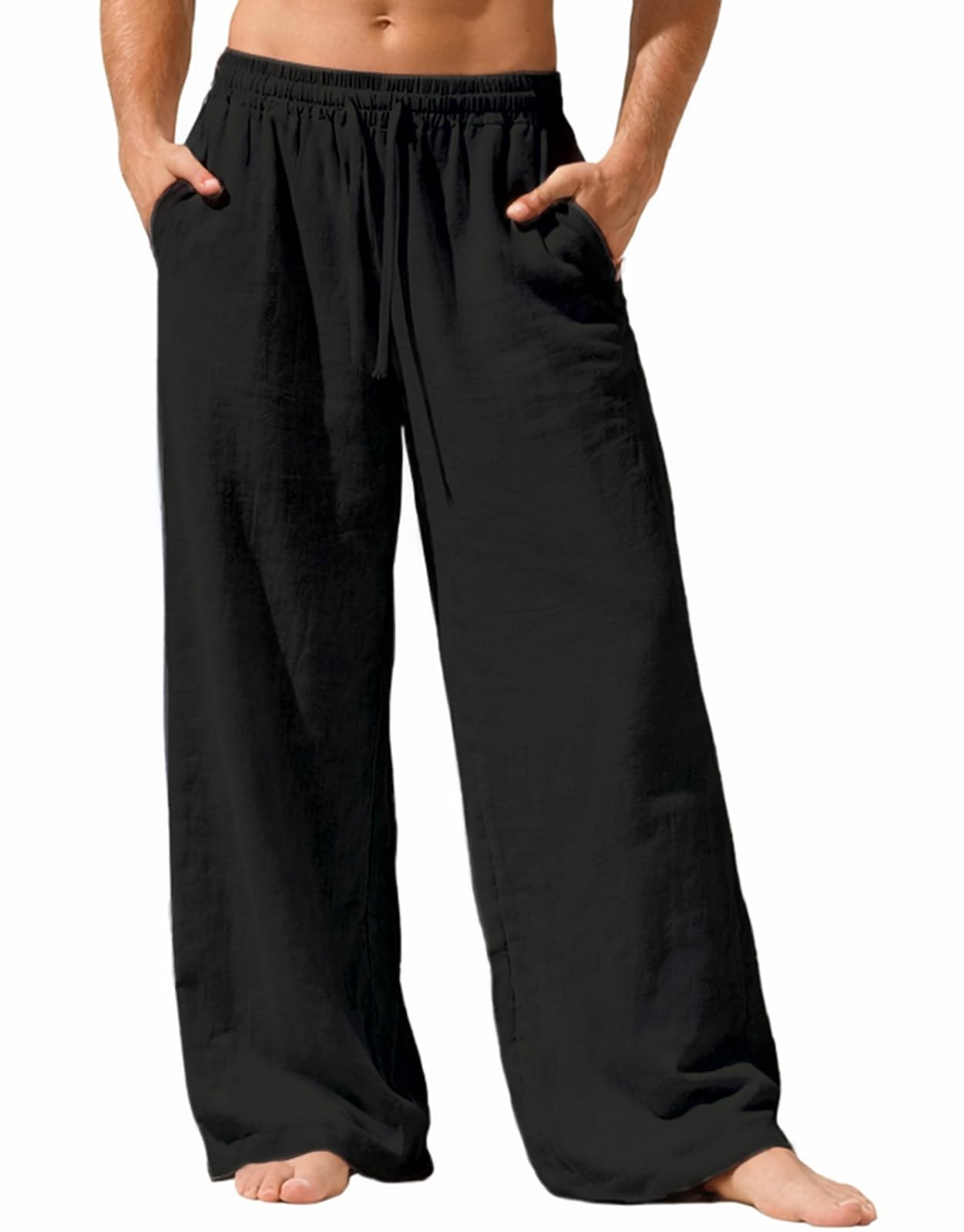 Nuofengkudu Hombre Algodon Lino Pantalones Ancho Verano Holgados Ligero 3 Bolsillos Cordón Cintura Elastica Yoga Pantalon Casual Playa Relajados Vacaciones