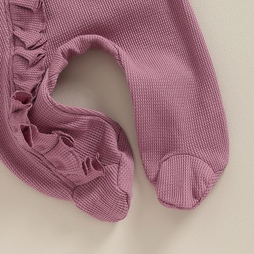 Newborn Baby Girl Footie Waffle Knit Romper Zippers Ruffle Jumpsuit Fall Winter Clothes4