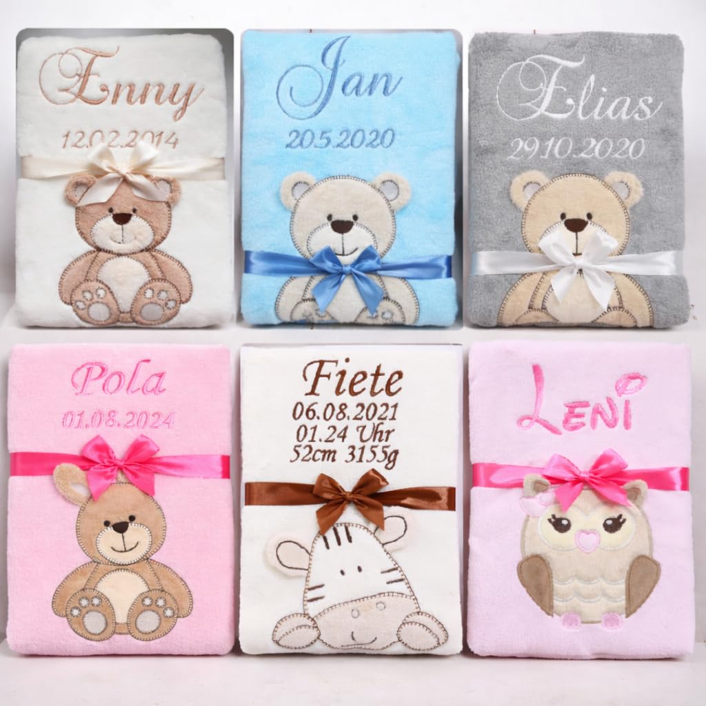 BotoBaby ★ Personalisierte Babydecke mit Namen & Datum Bestickt Geburt, Taufe, Babyshower & mehr ★ 75 x 100 cm ★ (75 x 100 cm + Personalisierung)