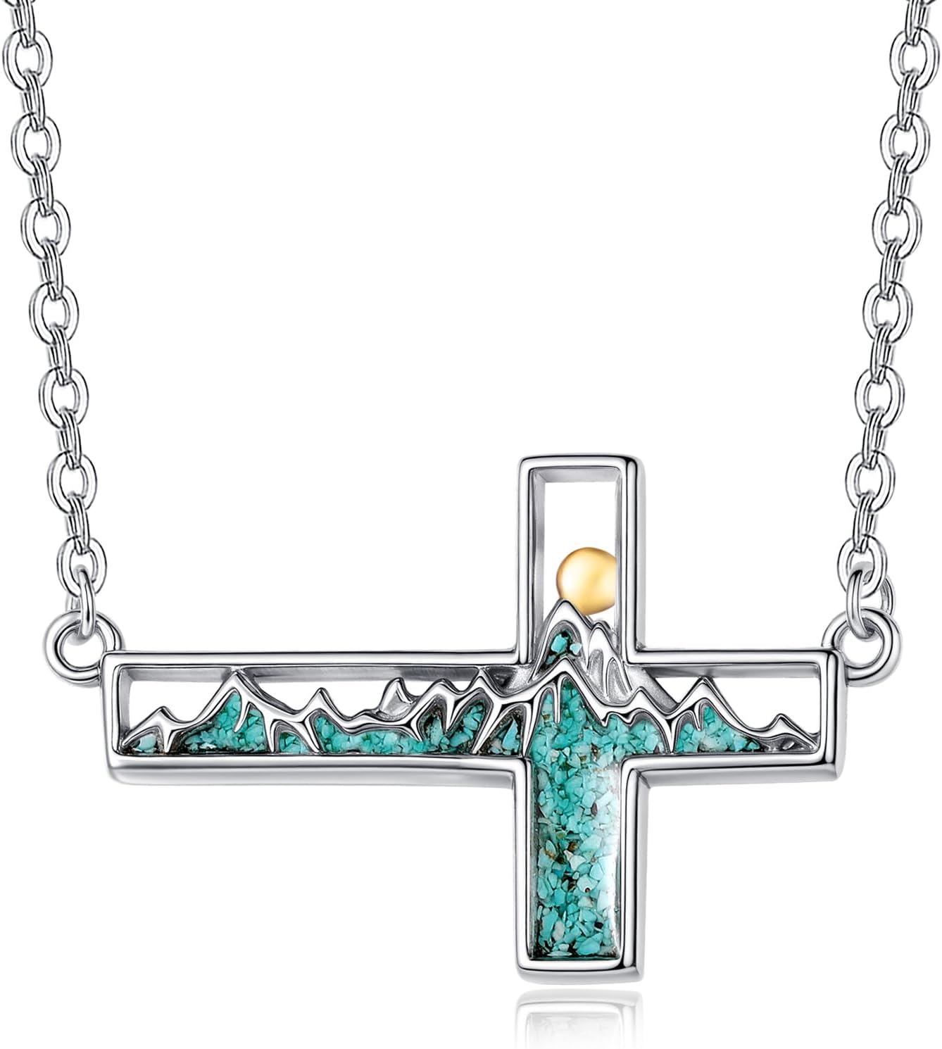 Turquoise Mountain Necklace for Women 925 Sterling Silver Sideways Cross Mustard Seed Pendant Christian Faith Jewelry Gifts for Skiers, Hikers, Campers, Climbers and Nature Lovers