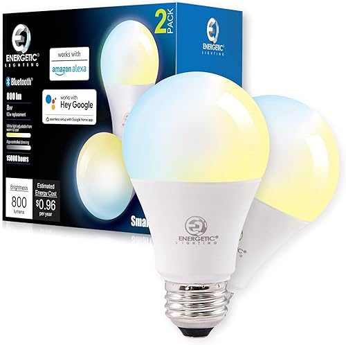 E ENERGETIC LIGHTING Energetic - Bombilla LED inteligente sintonizable, color blanco, 2700 K-6500 K, regulable A19 equivalente a 60 W, compatible