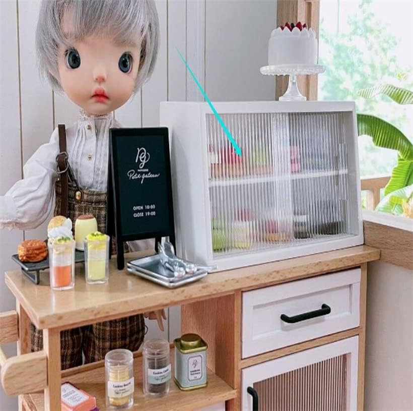 EatingBiting 1:6 mini House White Miniature Furniture Wood Cake Commercial Countertop Bakery Display Case Cabinet Storage Showcase with Acrylic Movable Window 3.9" for Figures Tea Set Cosmetics