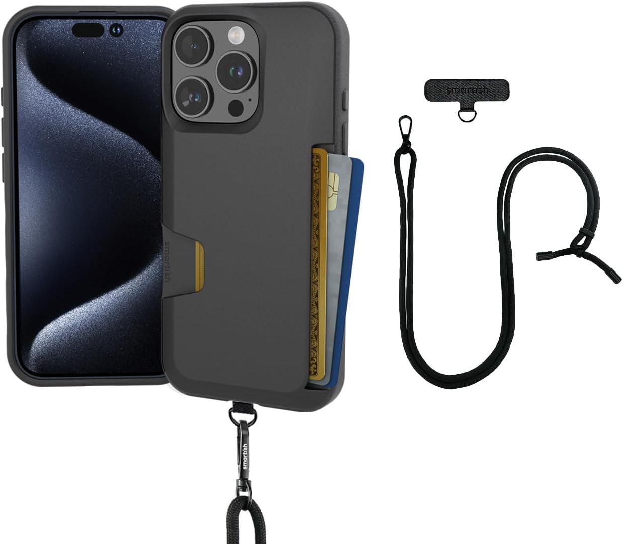 Smartish® iPhone 16 Pro Wallet Case with Crossbody Lanyard Strap - Wallet Slayer Vol. 1 - [Slim + Protective] Credit Card Holder with Universal Detachable Shoulder Neck Strap - Black Tie Affair