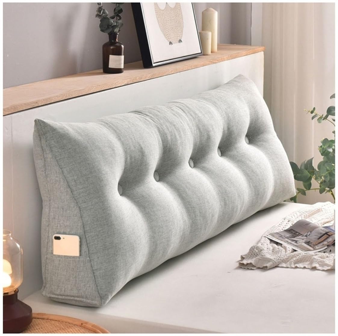 EORNOW Headboard Pillow, Triangular Reading Pillow 80cm / 100cm / 120cm / 150cm / 180cm / 200cm Large Cushion, Headboard Wedge Pillow With Machine Washable Cover(Light grey,150cm/59inch)