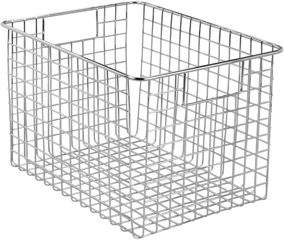 mDesign Large Farmhouse Decorative Metal Wire Storage Basket Bin with Handles for Organizing Closets, Shelves and Cabinets in Bedrooms, Bathrooms, Entryways and Hallways - 8" High - Chrome