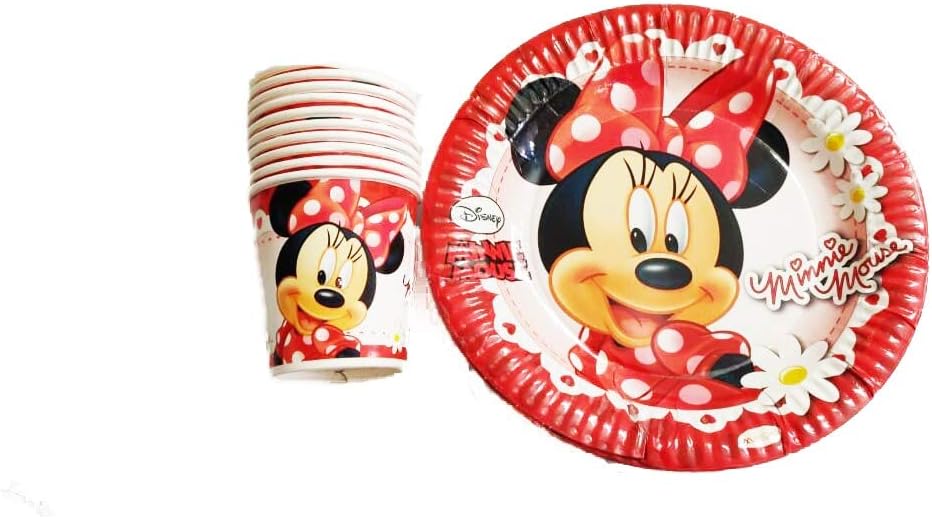 shopkooky disposable paper plates (10) and paper cups (10) set for perfect themed party, children birthday party or first, baby shower (plate-cup-minnie mouse)- Multi color