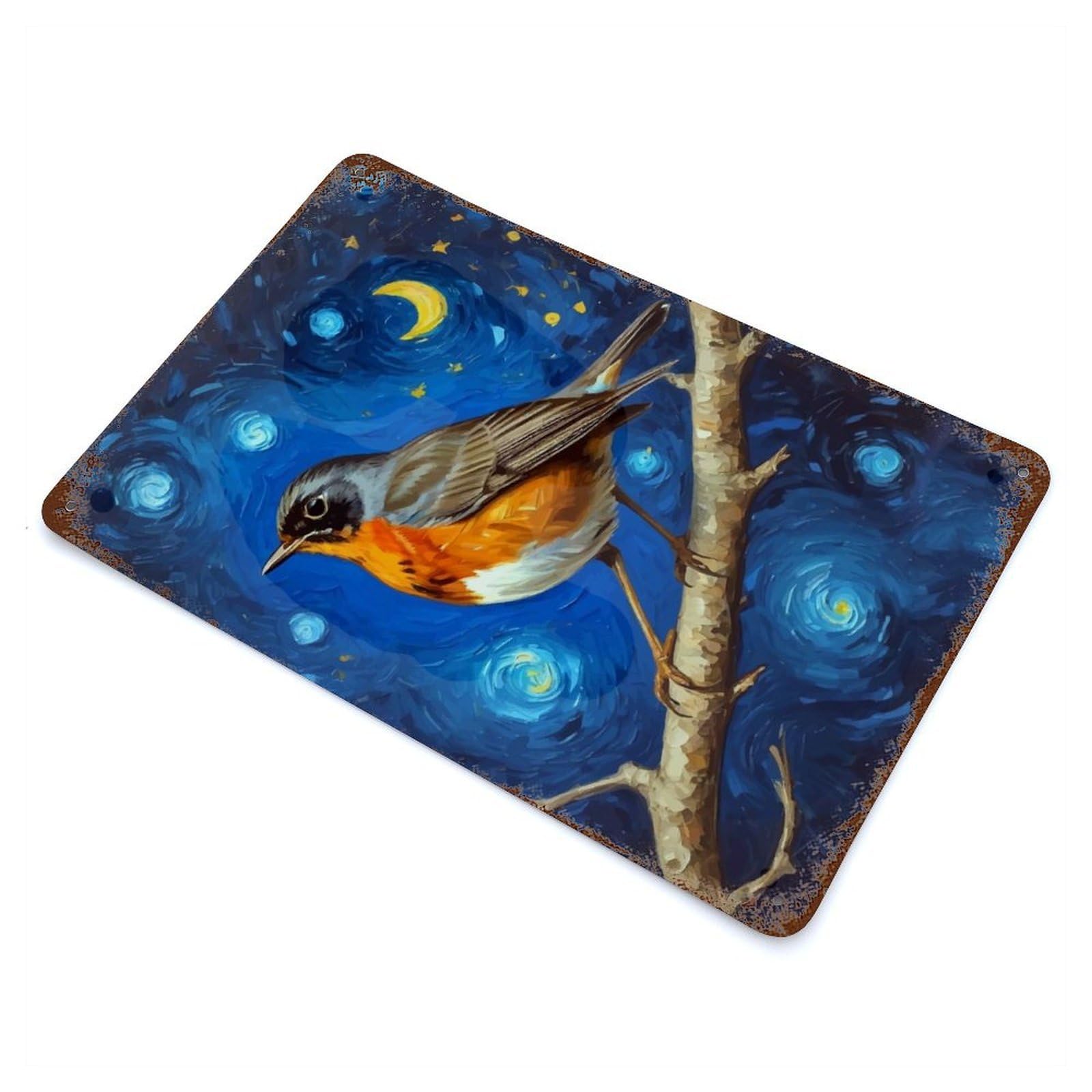 Retro Metal Sign with European Robin in Starry Night Design 11.8"x7.9", for Pub, Kitchen And Man Cave Decor, Rustic Home Decor