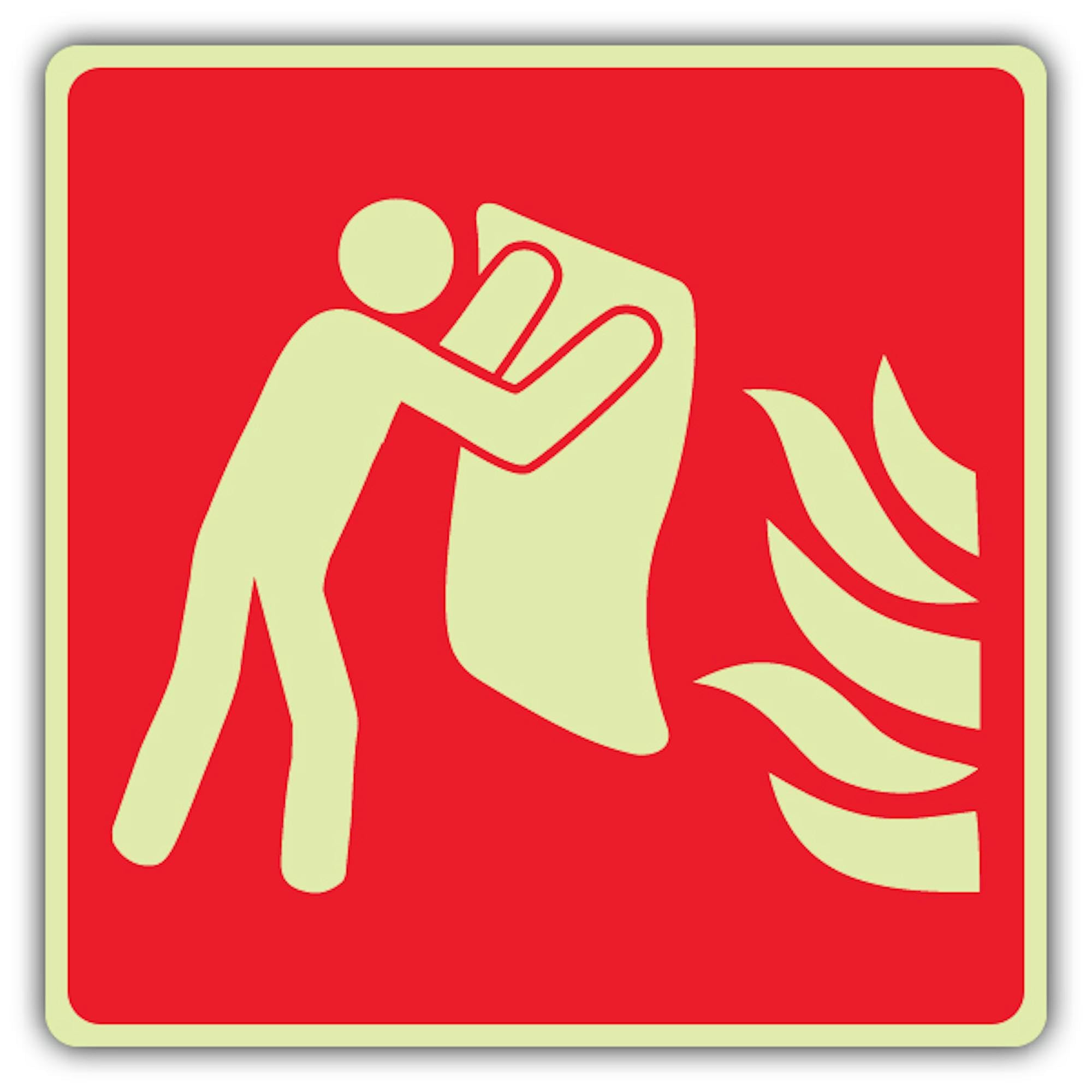 V Safety - Manta de fuego que brilla en la oscuridad con símbolo de hombre, formato de símbolo, 450 x 450 mm, hecha de vinilo autoadhesivo de doble brillo, señalización de seguridad contra incendios