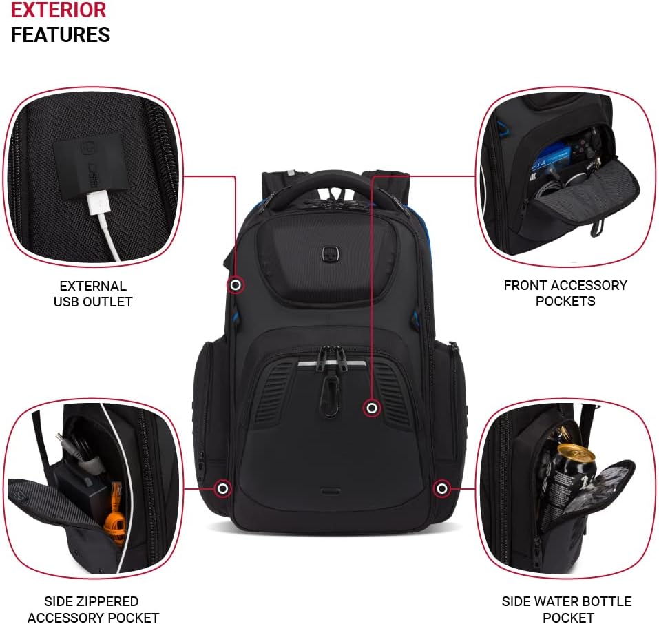 SwissGear Gaming Laptop Backpack with Charger Port (USB), Blue/Black - Image 3