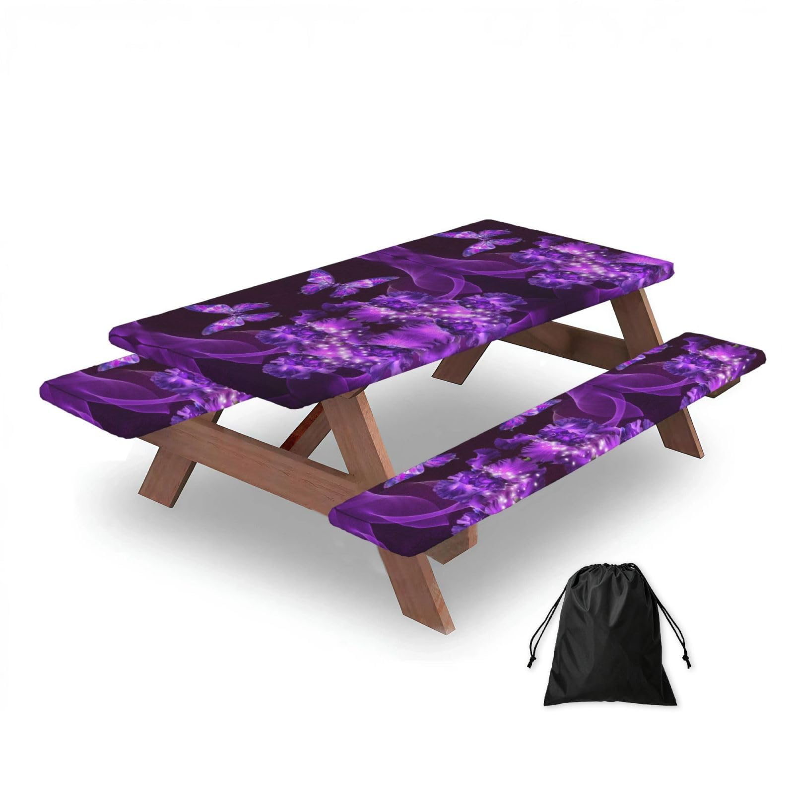 ESNAIUVCD Purple Butterfly Print Picnic Table Cover With Bench Covers,Camping Essentials,Fitted Tablecloth Cover With Elastic Edge, For Indoor & Outdoor 3 Pcs