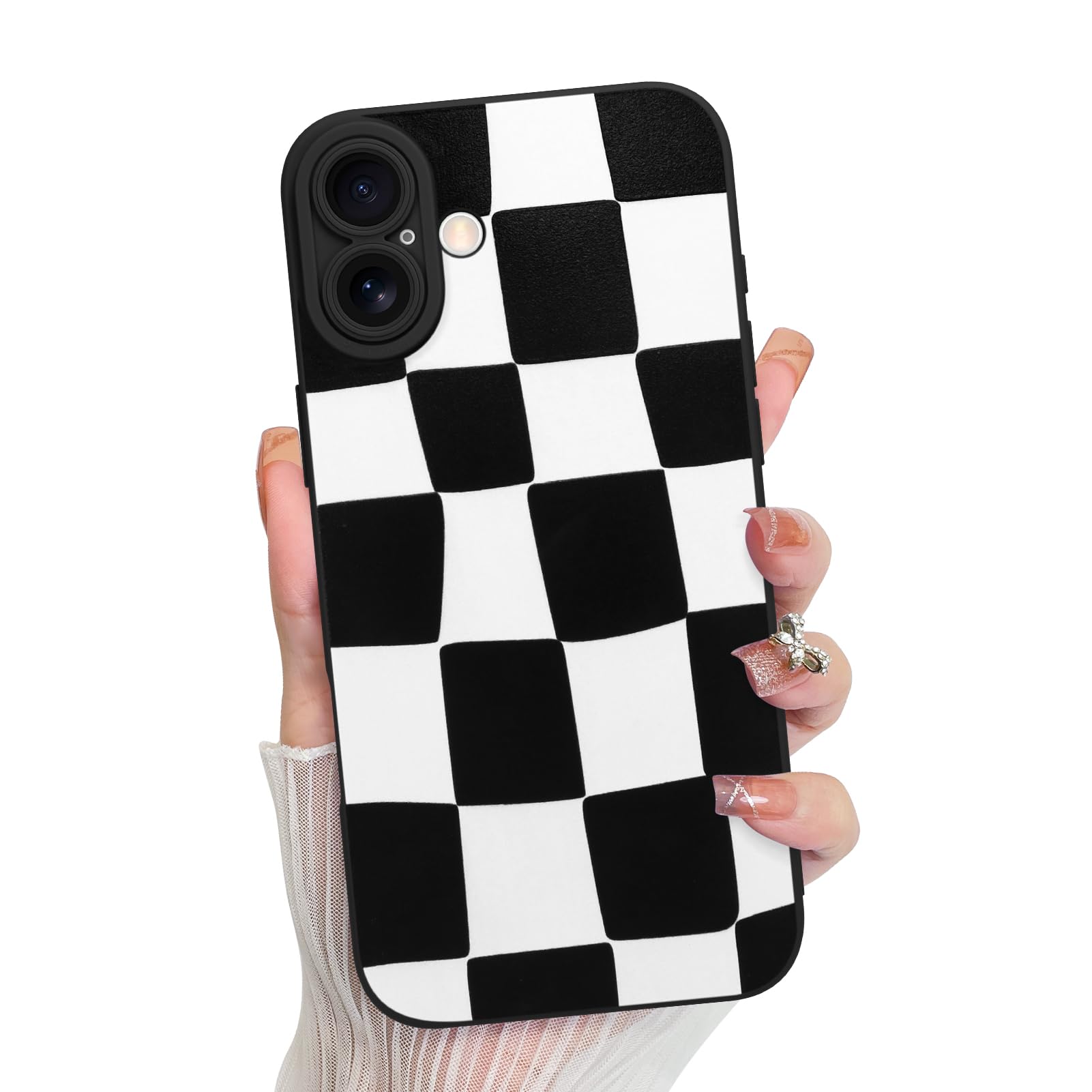 KANGHAR Compatible with iPhone 16 Case, Silicone Checkered Cute Pattern, Camera Protection Soft Slim Phone Case for Girls Women -Black and White