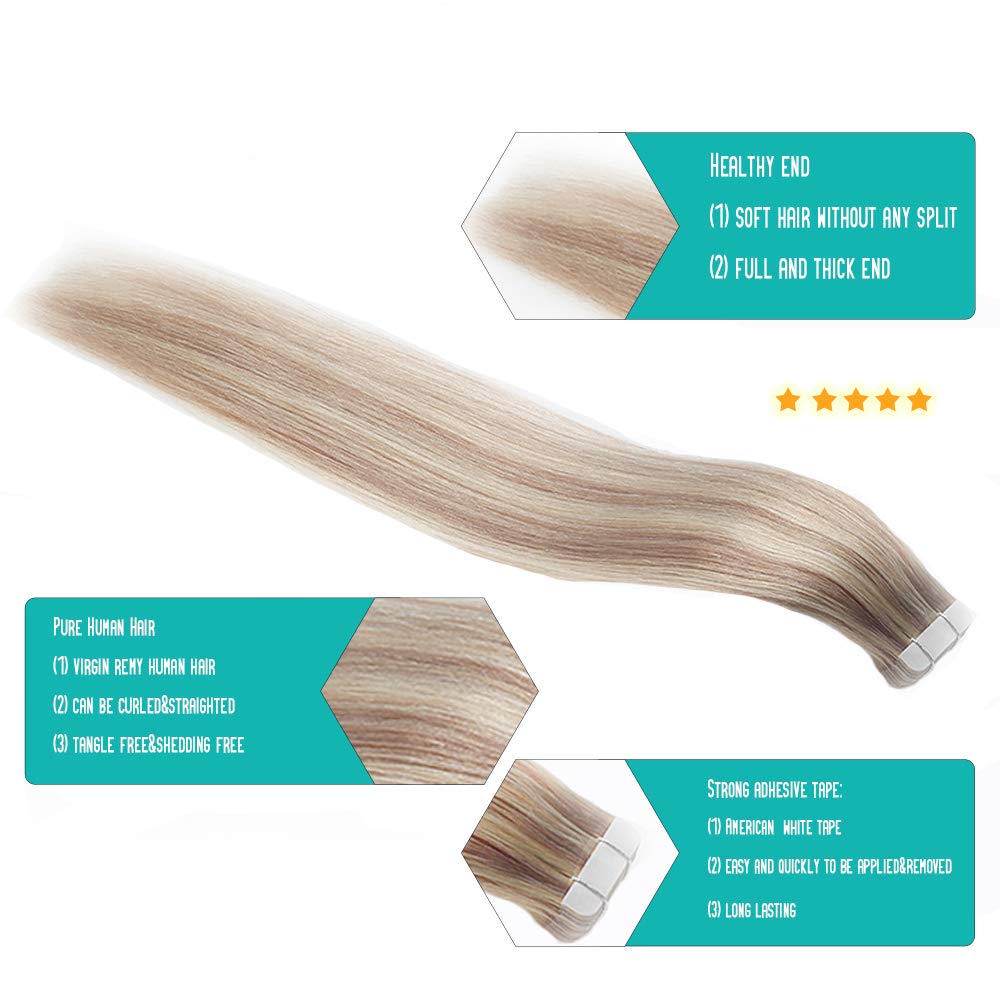 SURNEL Tape Hair Extensions Blonde Tape in Human Hair Extensions Seamless Straight Real 18 Ash Blonde with 613 Platinum Blonde Real Human 14 Inch 20 Pieces/50g (T14inch - Image 2