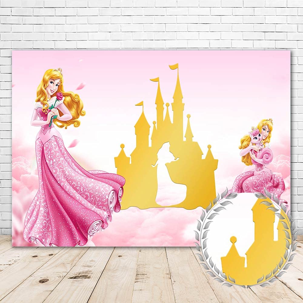 Pink Princess Aurora Backdrop 5x3ft Golded Castle Background Vinyl 1 Year Birthday Girl Background Happy Birthday Background for Girls Banner Backgrounds Backdrops for Baby Shower Decorations