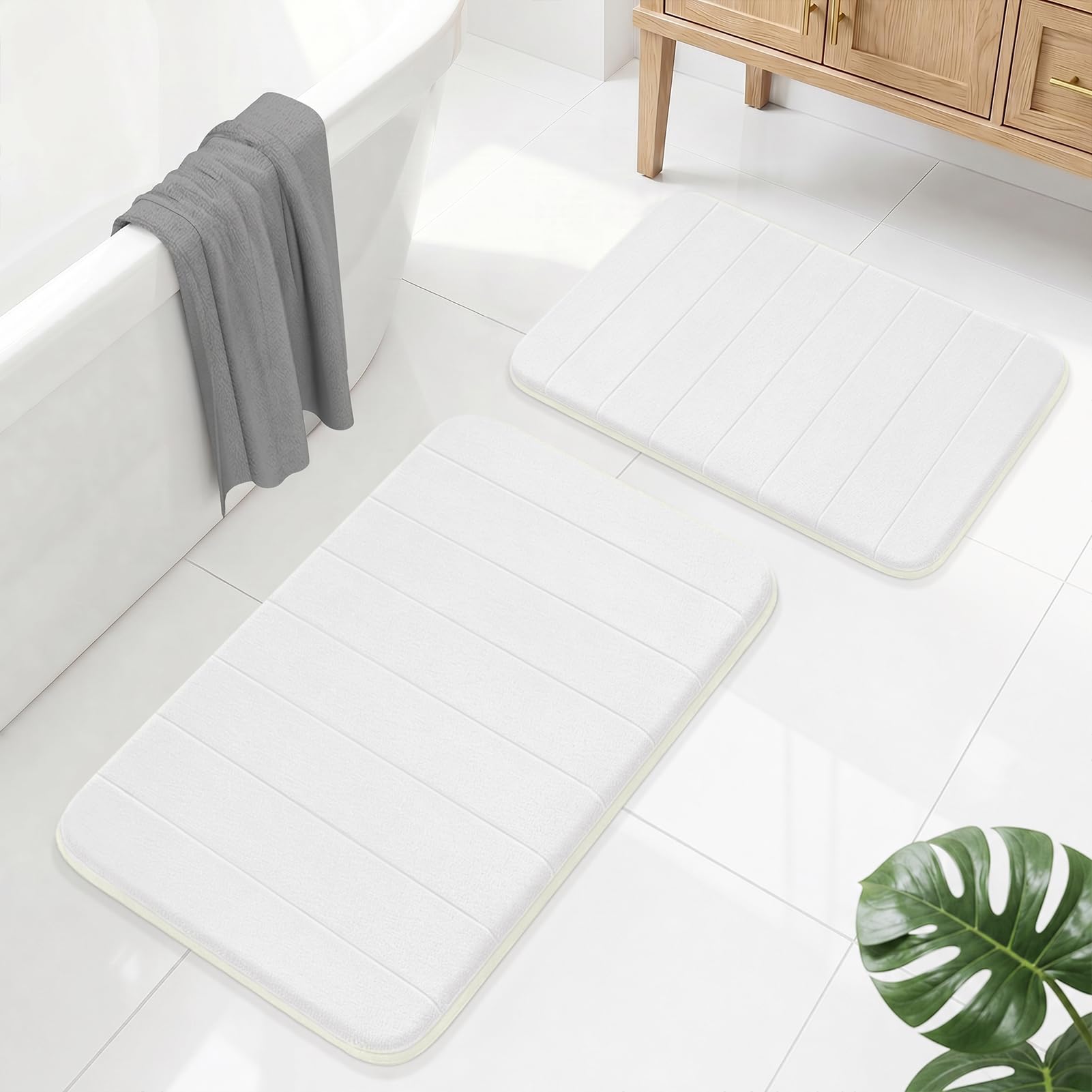 LUSCHEER Bathroom Mat Sets 2 Piece, Memory Foam Bath Mat, White