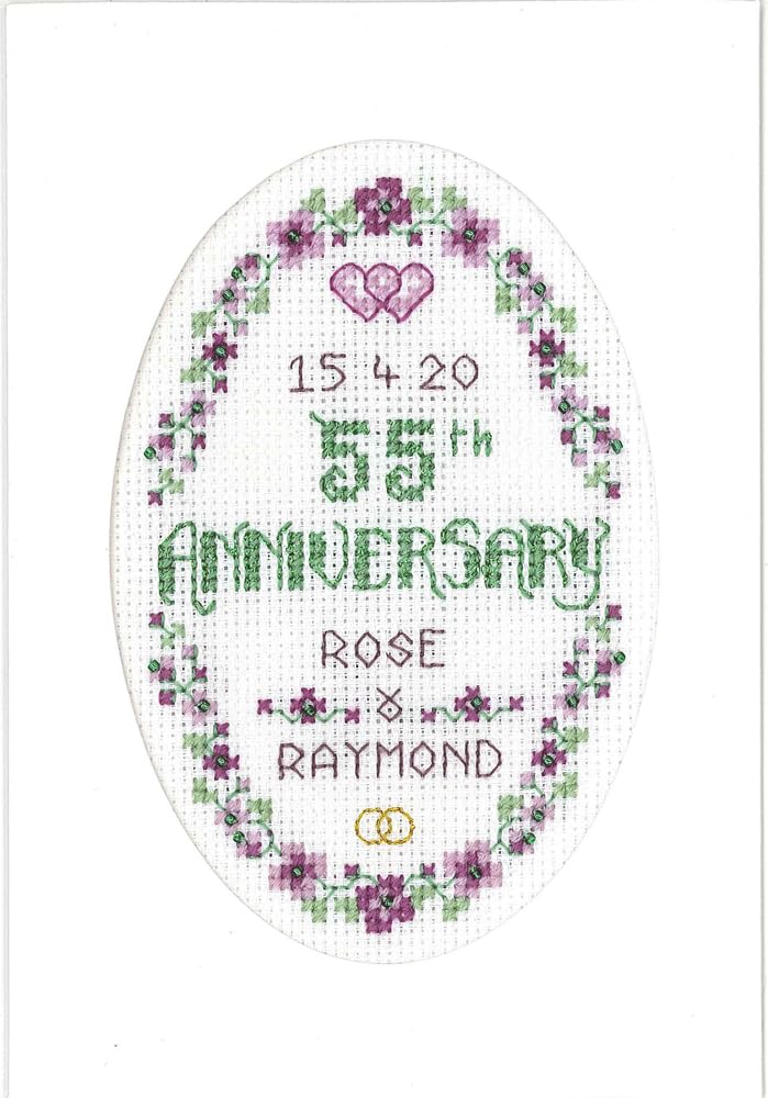 Lifetime Samplers & Decorative Textiles Floral 55th Anniversary Card - Emerald Wedding - Complete Cross Stitch kit on 16 aida with Clear Colour Chart