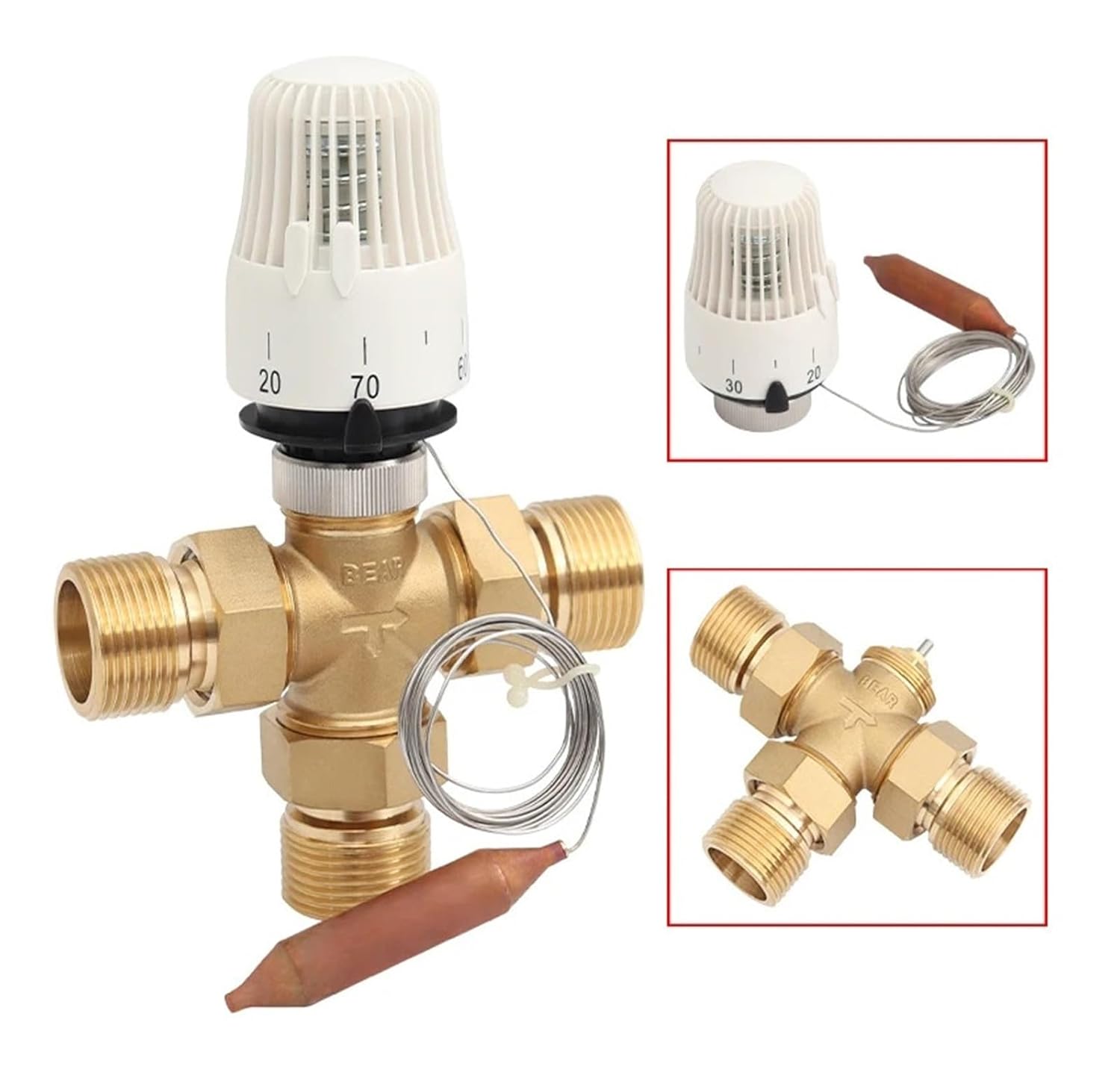 Thermostatic Radiator Control M30×1.5 Three Way Mixing Valve with Thermostatic Capillary Remote Sensor Setting Range 30-70 °C(Vavle)