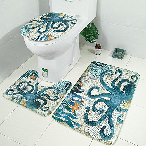3 Pieces Soft Flannel Bathroom Mat Set Non-Slip Bathroom Rug Contour Mat Absorbent Toilet Mat Lid Cover Set Octopus - Thumbnail 3