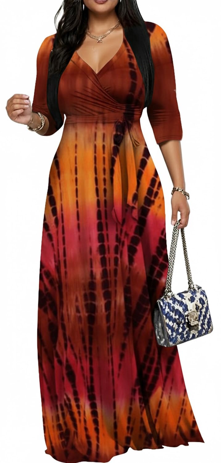 Women's Church Maxi Wrap V Neck 3/4 Sleeve Tie Waist Plus Size Long Dress