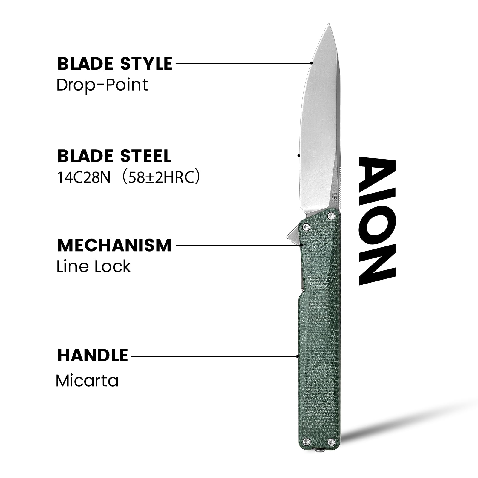 OKNIFE AION Folding Pocket Knife, 3.53-Inch 14C28N Steel, Durable Handle with Deep Carry Pocket Clip, Rail Lock EDC Knife Ideal for Camping Hiking Hunting (Green Micarta)