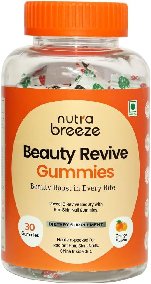 NutrabreezeBeauty Revive Biotin Gummies | Vitamin A, C, D, E, B5, B6, B12 | For Healthy Hair Growth, Skin Glow & Strong Nails | Orange Flavour | 30 Day Pack
