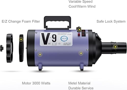 Miniatura 4 de Secador profesional de 4.3 HP, soplador de pelo de perro ajustable de velocidad variable, secadora de aseo para perros con calentador de bajo ruido