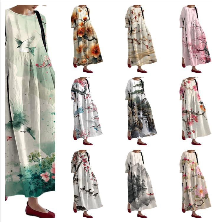 Womens Maxi Dress Plus Size Vintage Floral Japanese Print Trendy Casual Crew Neck Dress - Image 2