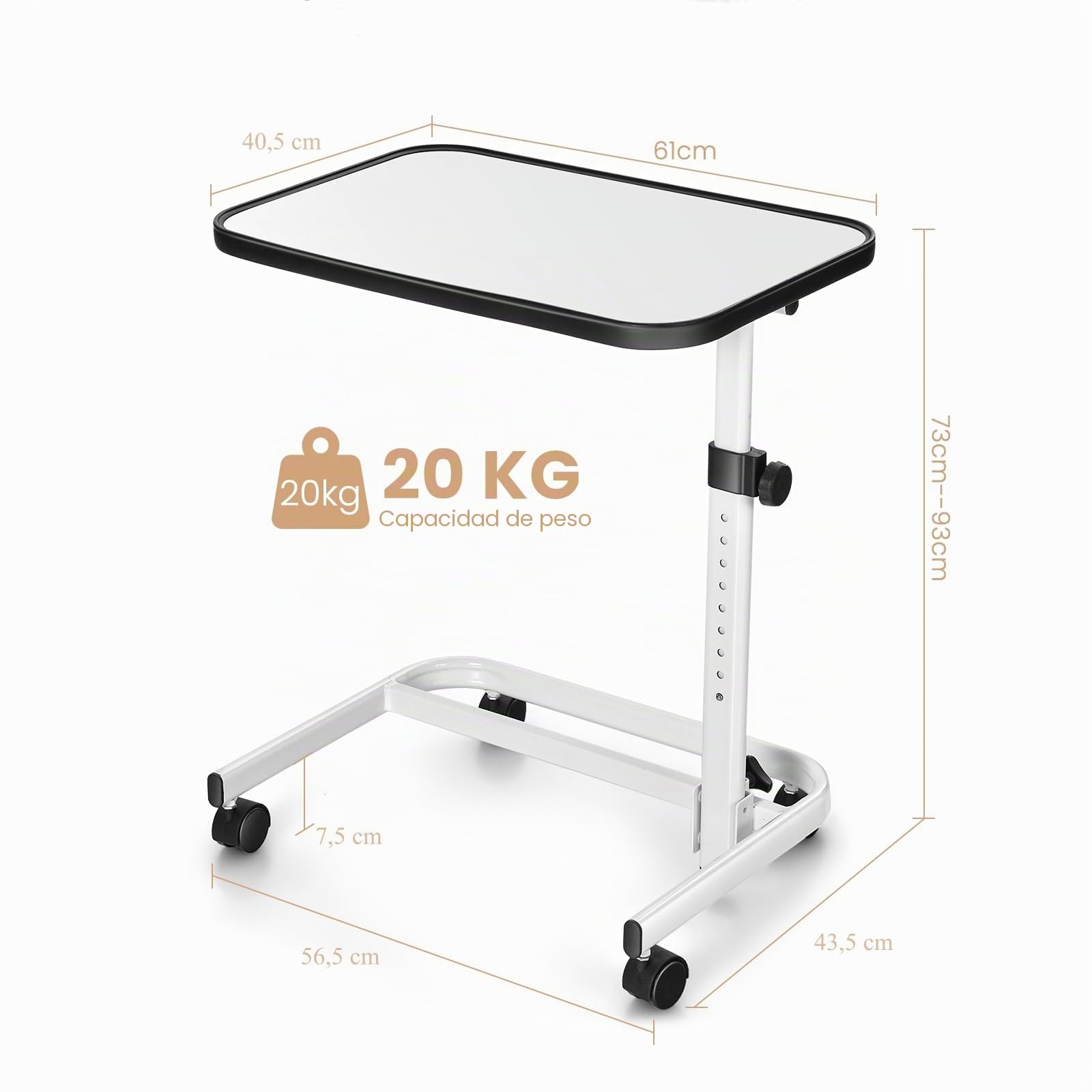 LIFEZEAL mesa Auxiliar con Ruedas, Regulable en Altura, Giratoria, Portátil en Forma de C, para Pacientes, 61 x 40,5 x 73-93 cm (Blanco)més