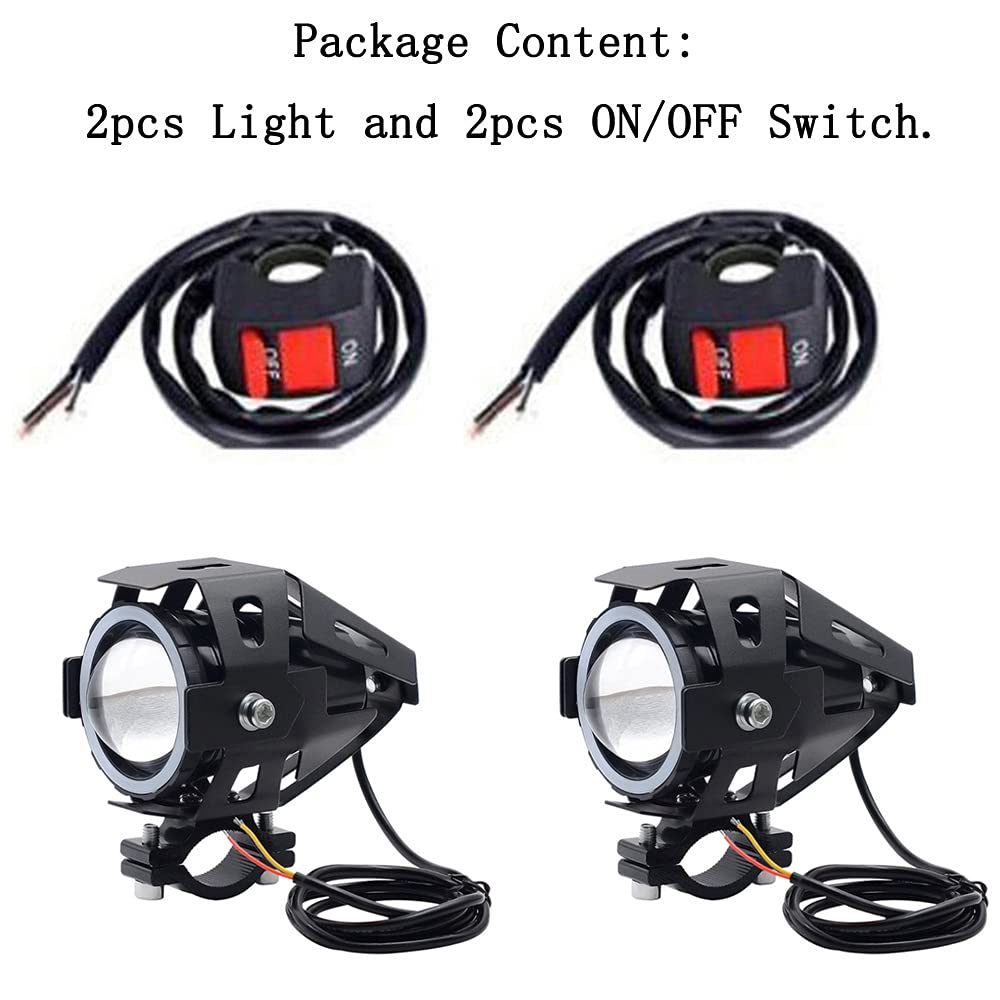 2pcs Bright 3000LM 125W LED Motorcycle Headlight with Demon Angel Blue Eyes Auxiliary Work Light Spotlight Driving Fog Spot Lamp Universal for Car Offroad ATV Truck + 2pcs Switch