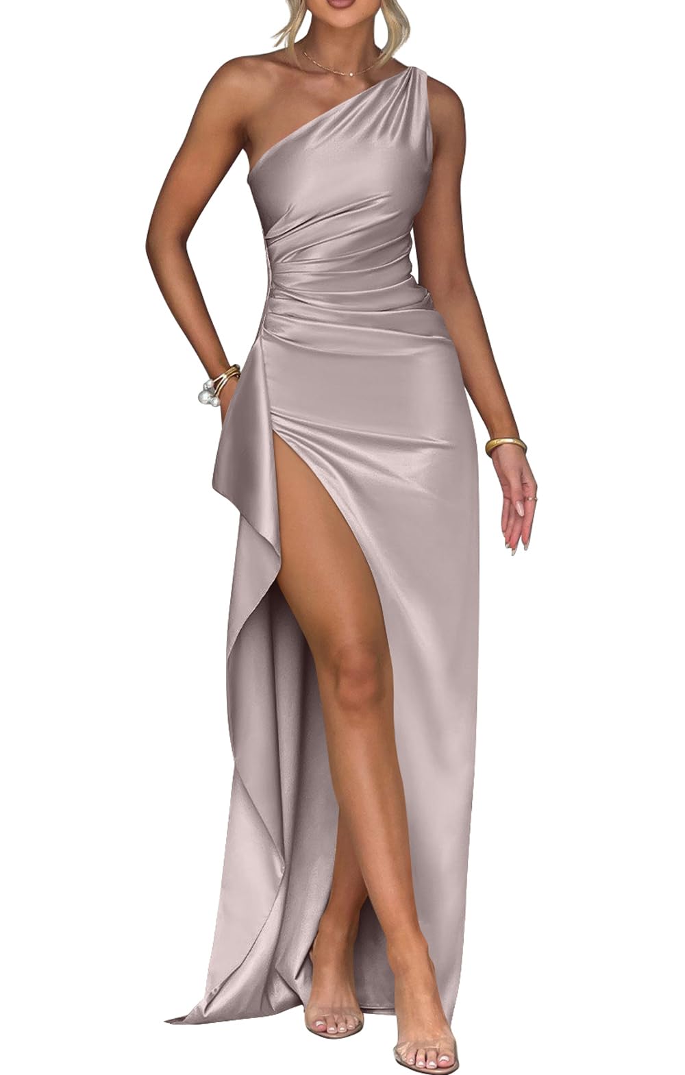 Memoriesea Women's Plus Size Satin Sexy One Shoulder High Split Cocktail Wedding Party Maxi Dress