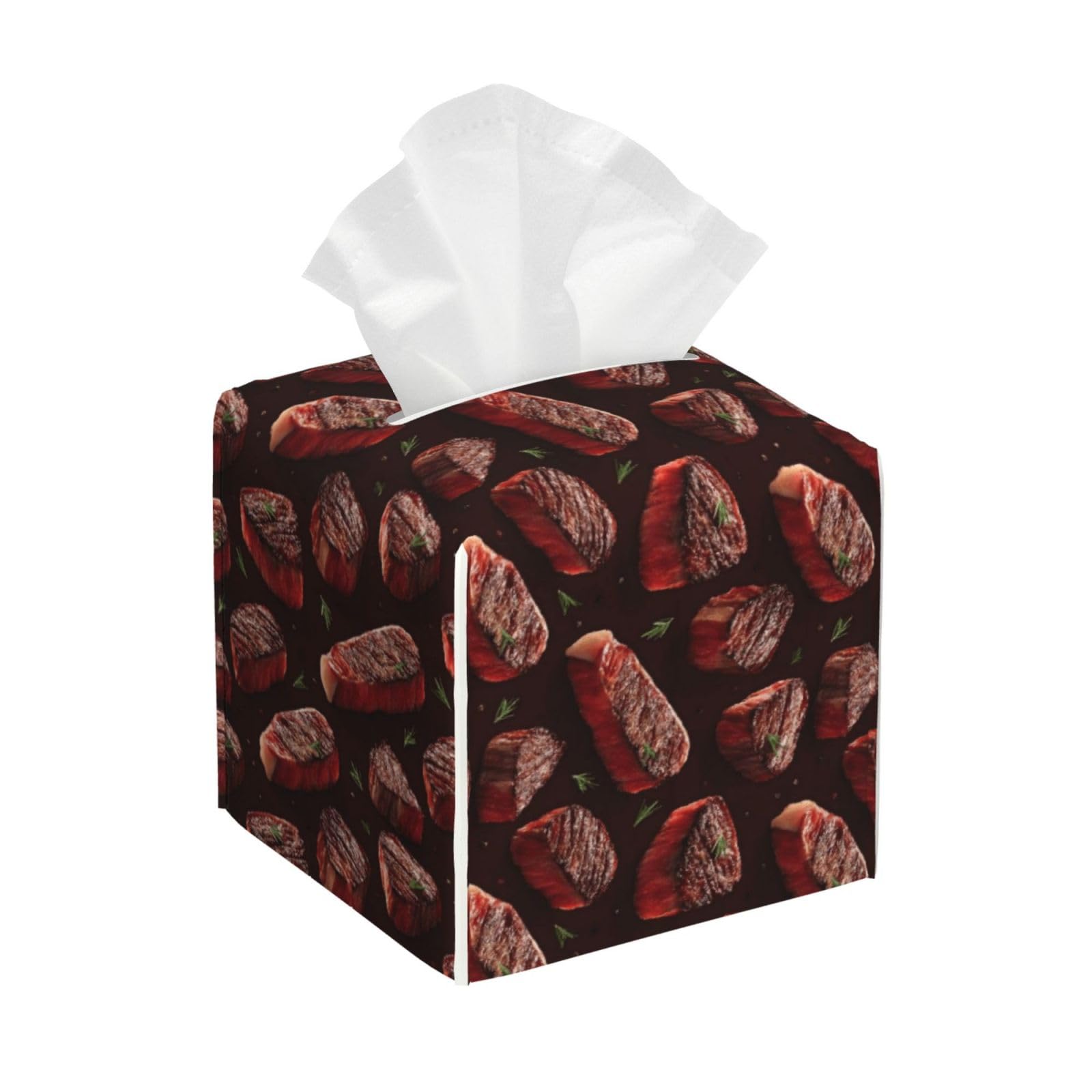 Realistic Steak with Herbs Print Tissue Box Cover Holder Square, Foldable Modern Cube Tissue Box Cover, Leather Decorative Organizer for Tabletop Bathroom Car Office Desk Decor