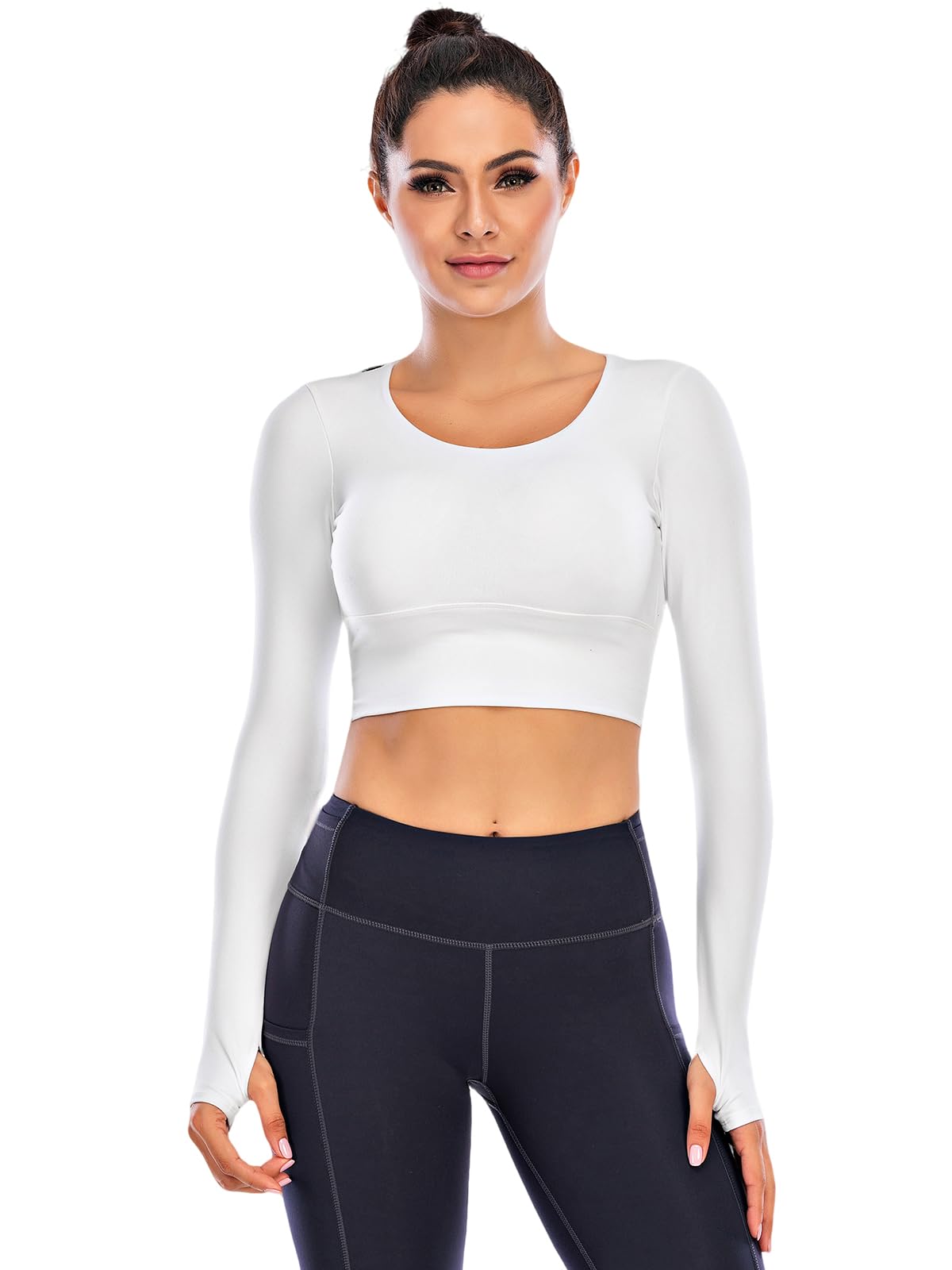 ECUPPER Women Long Sleeve Workout Tops Backless Yoga Gym Shirts Athletic Crop Top with Built in Bra for Fitness Sports