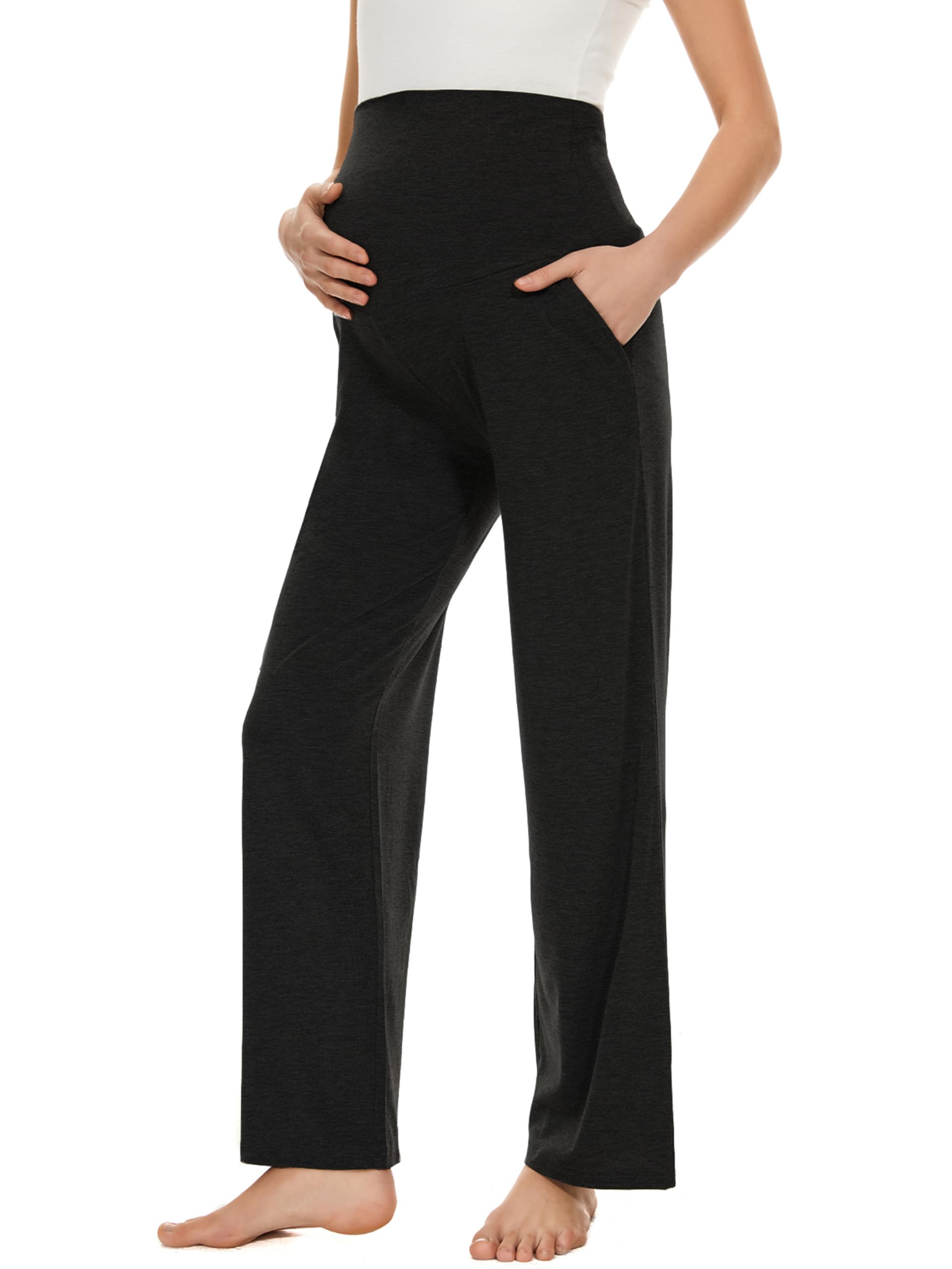 Ecavus Women's Maternity Wide/Straight Versatile Comfy Palazzo Lounge Pants Stretch Pregnancy Trousers with Pockets