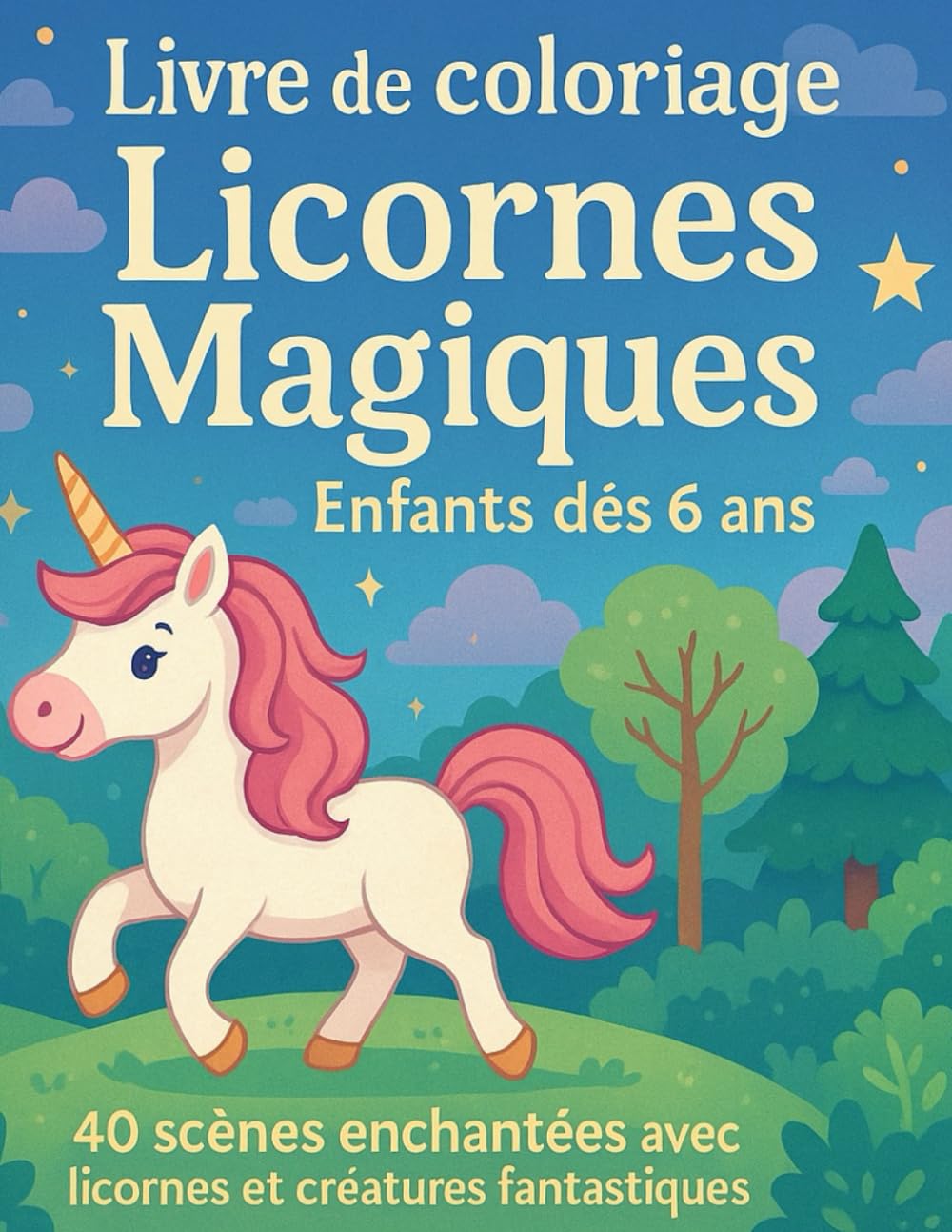 Licornes Magiques – Livre de Coloriage Enfants dès 6 ans avec 40 Scènes Enchantées: Paysages enchantés, arcs-en-ciel, châteaux et créatures fantastiques dans un univers magique et positif