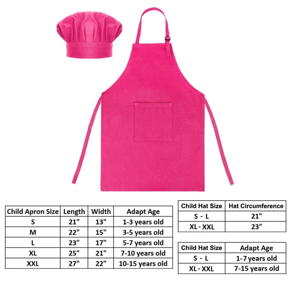 TopTie Custom Kids Apron and Chef Hat Set, Adjustable Cotton Child Cooking Kitchen Apron, S-XXL-Hot Pink-M