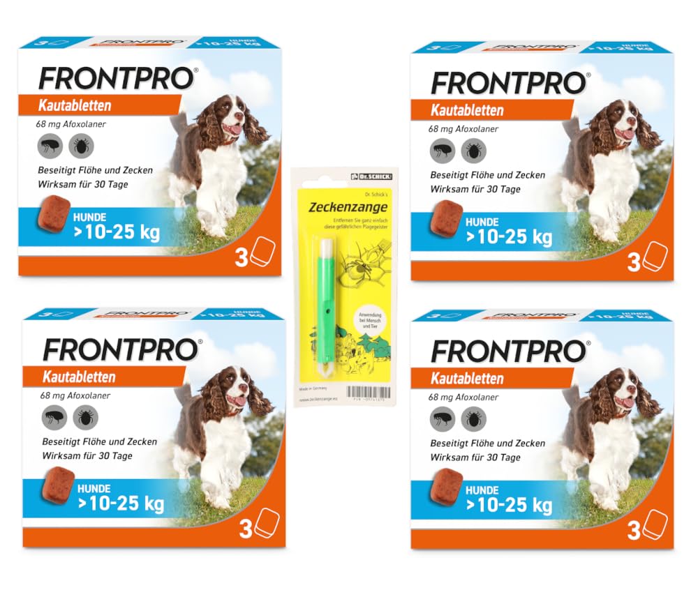 FRONTPRO Kautabletten für Hunde 10-25 kg 12-Monats-Set zum Schutz gegen Zecken und Flöhe mit Zeckenzange: Schützt bis zu 12 Monate