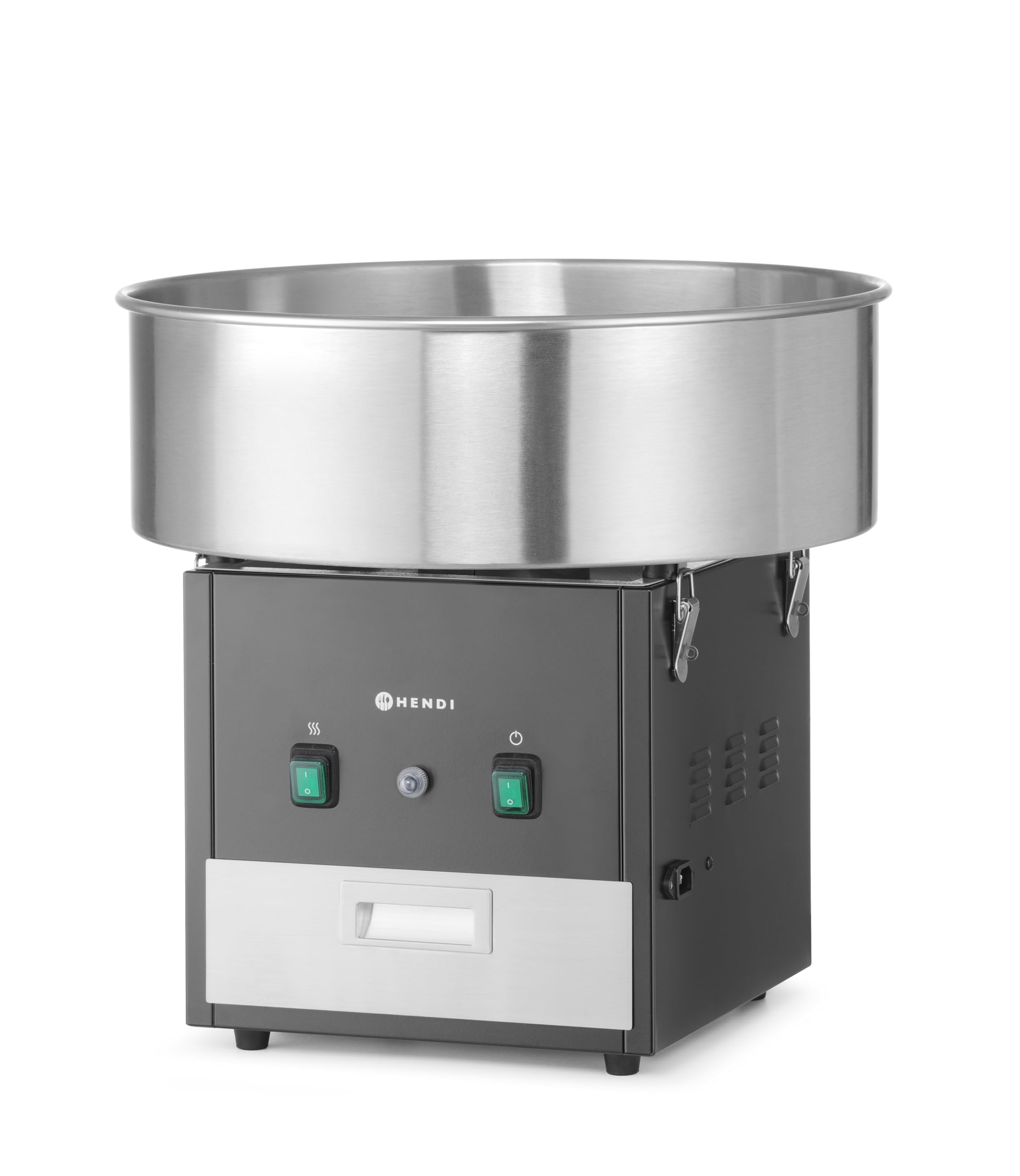 HENDI Zuckerwattemaschine, mit Zuckerspender, Schublade, herausnehmbare Schale, Überhitzungssicherung, Cotton Candy Machine, Zuckerwatte Maschine, 230V/1130W, 520x520x(H)503mm, Edelstahl, schwarz