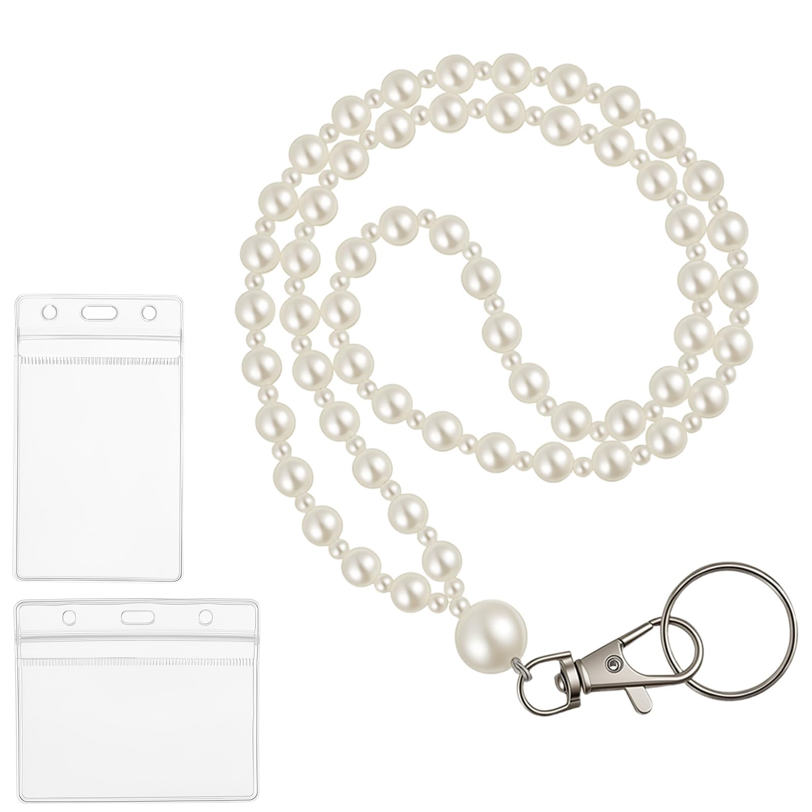 Beaded Lanyards for Id Badges with 2Pcs Card Holders, White Pearl Lanyard