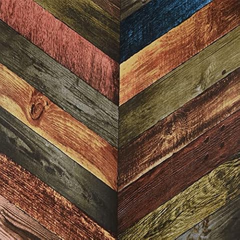 FENTIS Colorful Wood Planks Wallpaper Self Adhesive Removable Wall Sticker Blue and Brown Peel and Stick Contact Paper Sticky Back Plastic Vinyl Film Roll for Kitchen Bedroom 44.5x500cm Cover