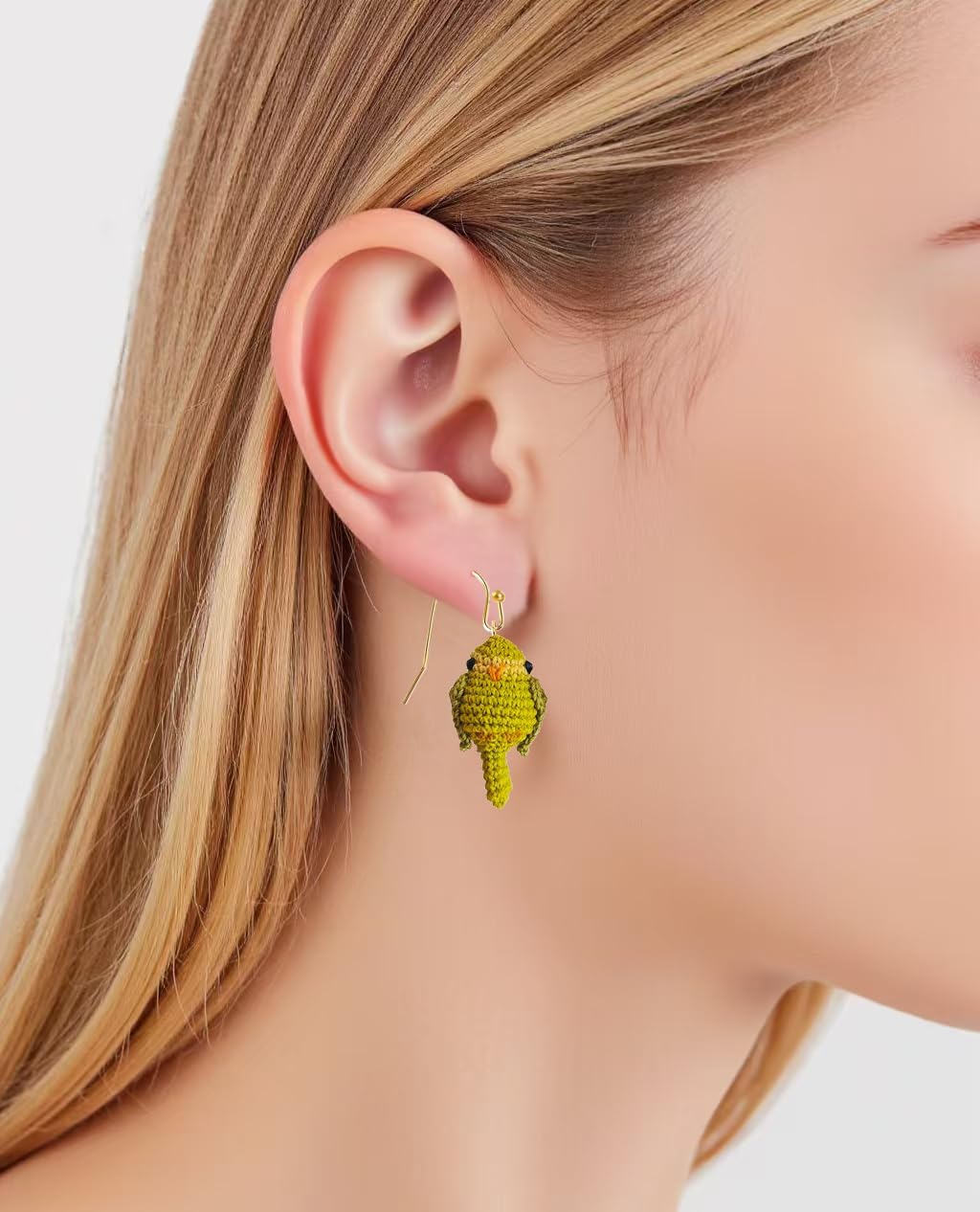 Hand-crocheted yellow and blue parrot earrings, miniature crocheted artistic cute playful parrot gifts accessories - Image 3