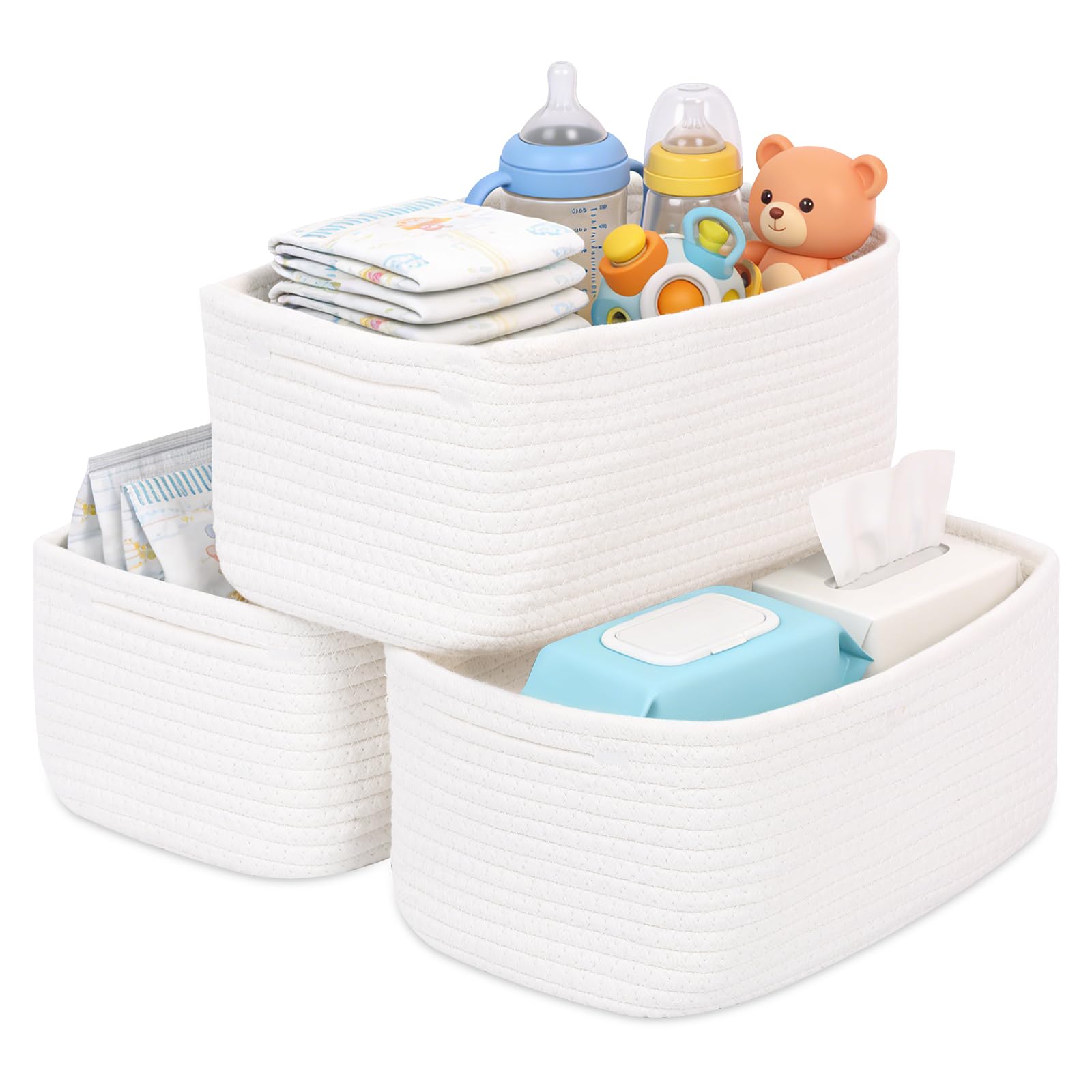 Set of 3 Storage Baskets for Shelves & Nursery, Cotton Rope Woven Basket with Hidden Handle, Empty Baby Gift Baskets, Decorative Shelf Organiser Bin for Baby Essentials, Toys & Toiletries(White) — image 1