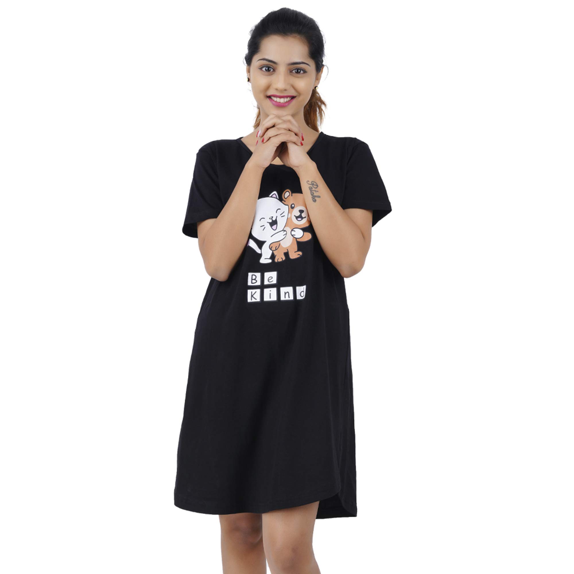 Womens Long Tshirt Night Wear | Nightdress for Women | Knee Length Nighty | Printed Cotton T-Shirt Dress (M-3XL)-image-0