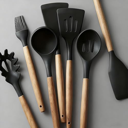 Juego de utensilios de cocina de silicona, 7 piezas de herramientas de cocina para espátula, antiadherente y resistente al calor, color negro